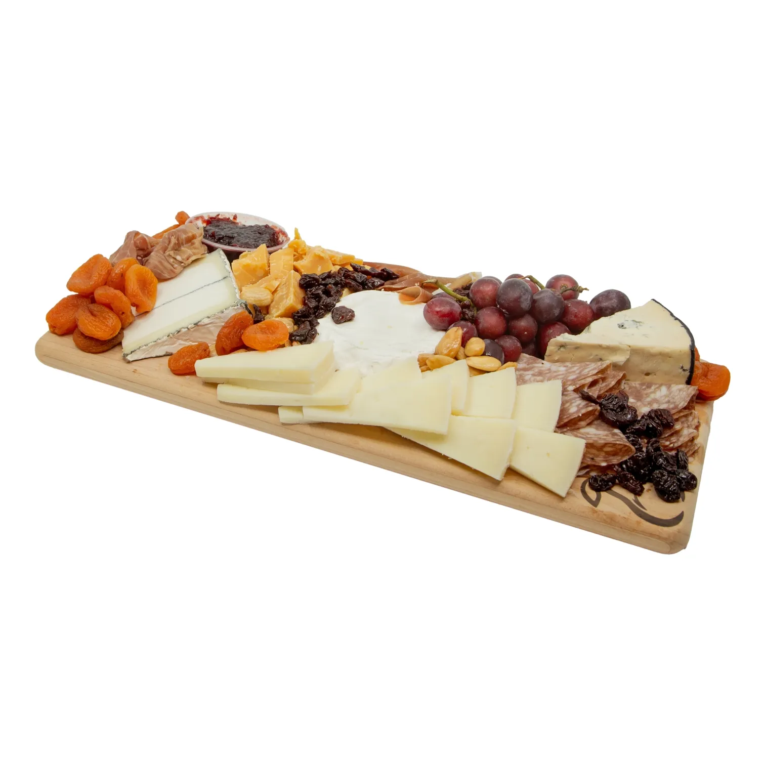 A wooden charcuterie board holds assorted cheeses, salami, prosciutto, crackers, grapes, dried apricots, and nuts, arranged for an inviting, festive snack.