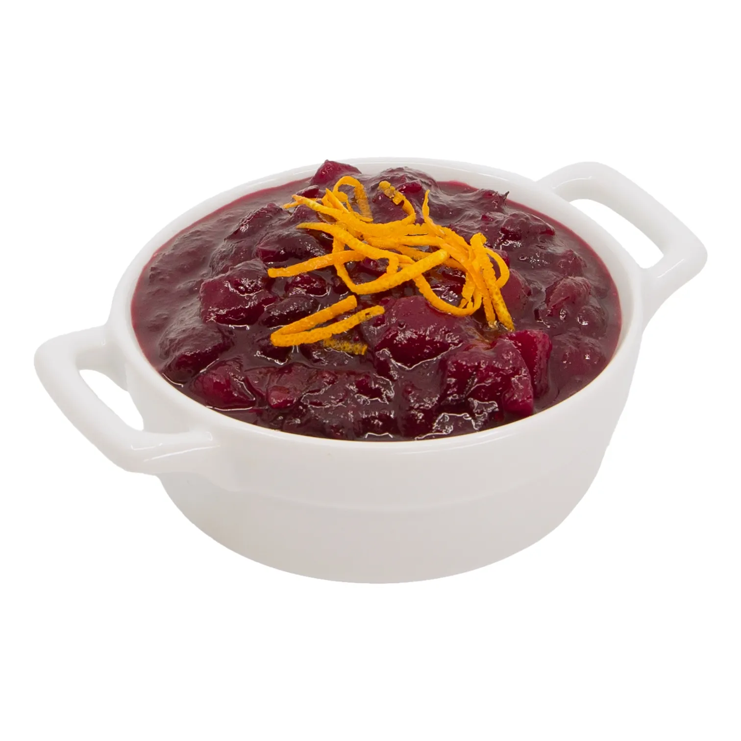 cranberry_orange_relish_11126 White handled bowl of glossy dark red cranberry sauce, topped with bright orange zest. The festive condiment looks rich, chunky, and appetizing.