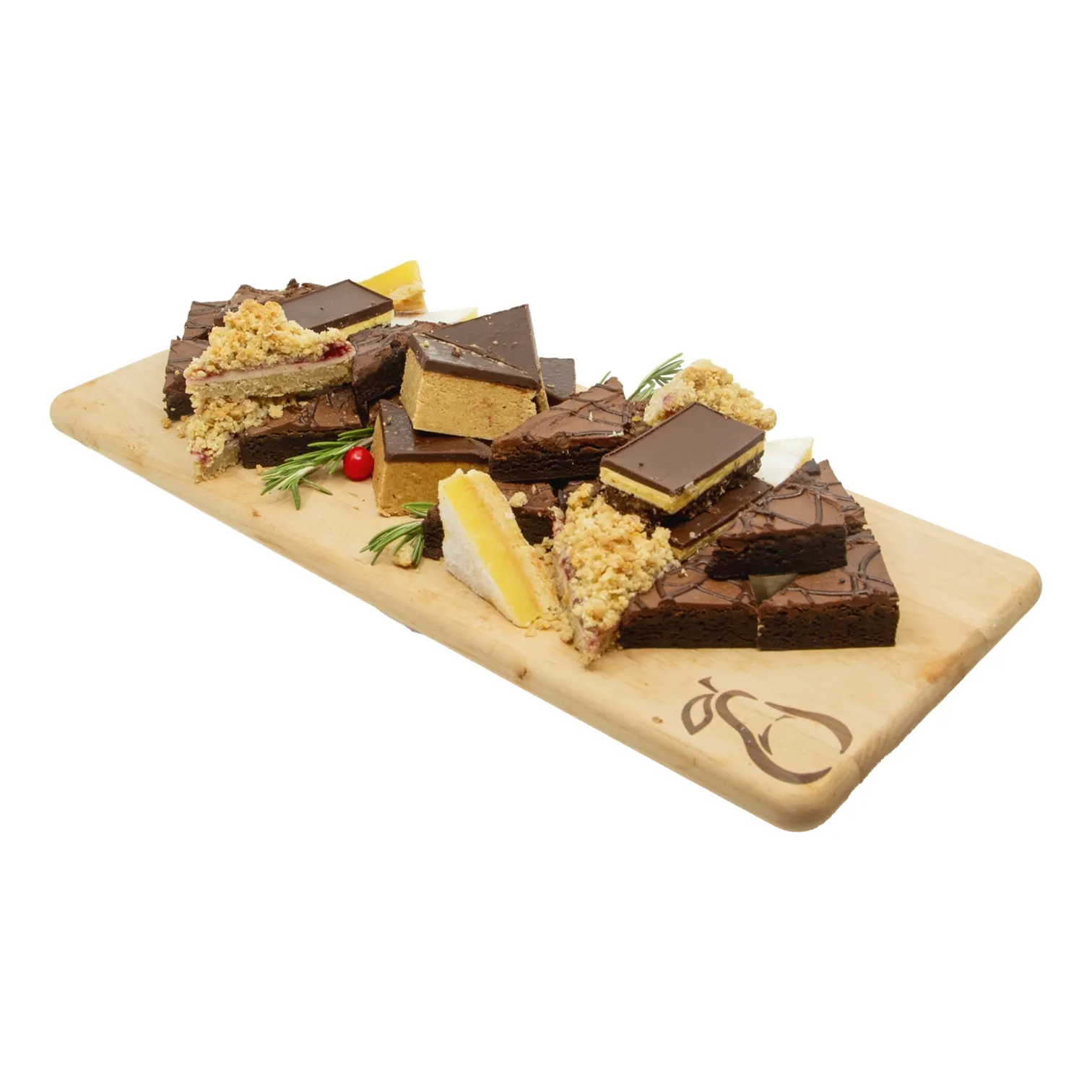 Assorted peanut butter bars, Nanaimo bars, lemon bars, princess squares and a variety of brownies arranged on a wooden serving board, garnished with rosemary and a red berry; inviting dessert spread.