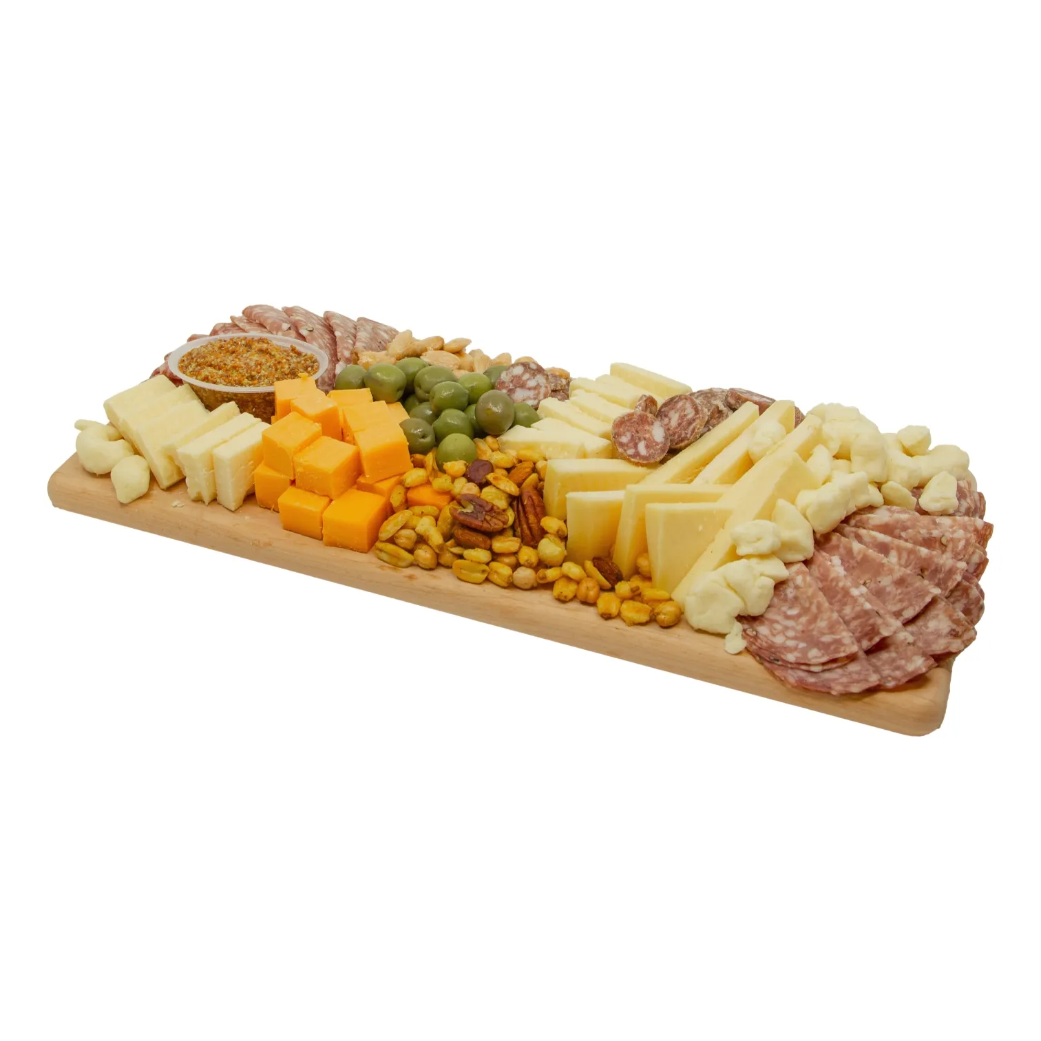 A long wooden charcuterie board holds assorted cheeses, sliced salami, olives, nuts, dried fruit, and dip, arranged for a festive gathering.