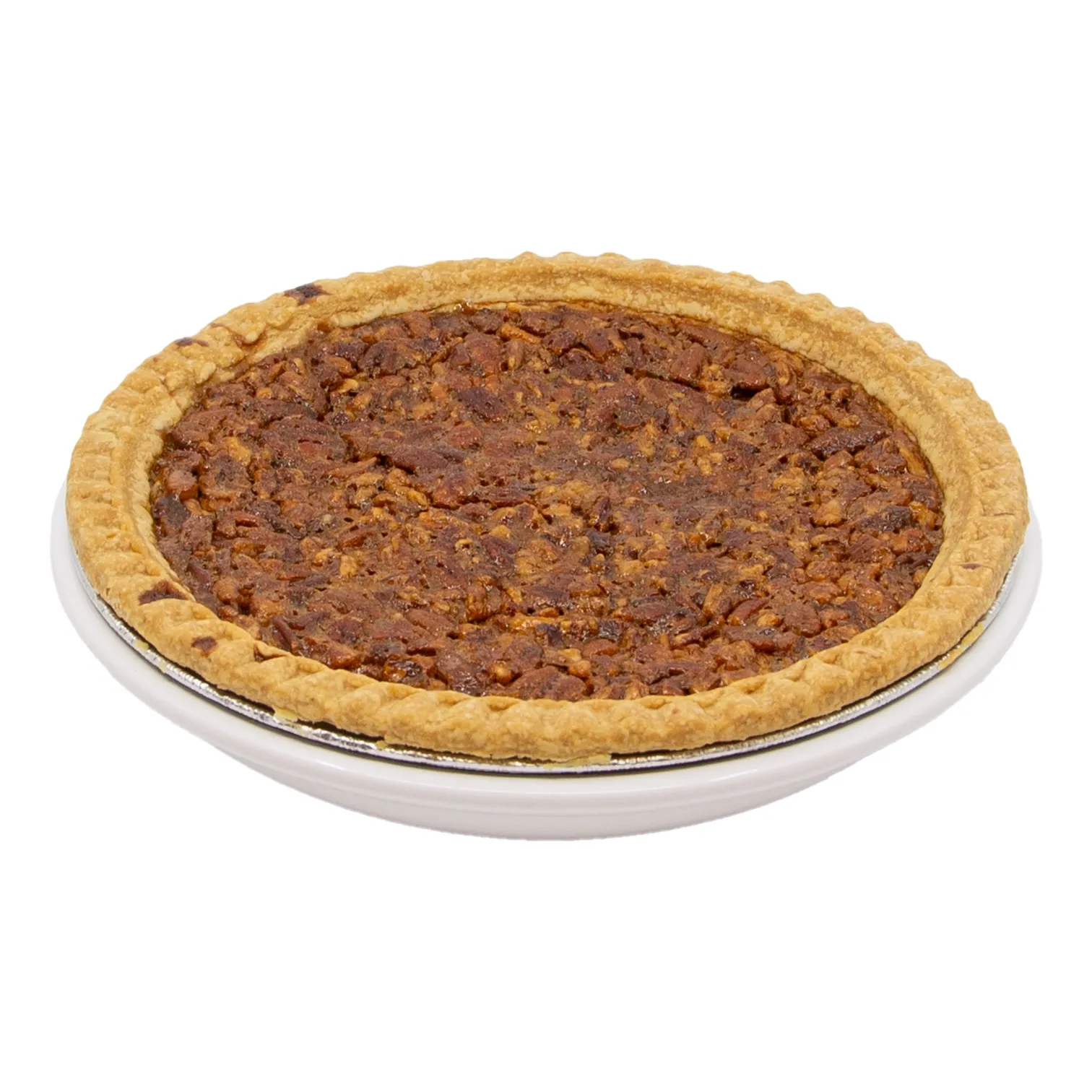 pecan_pie_43568 A golden-brown pecan pie with a flaky crimped crust sits in a white dish, conveying a warm, homestyle feel.