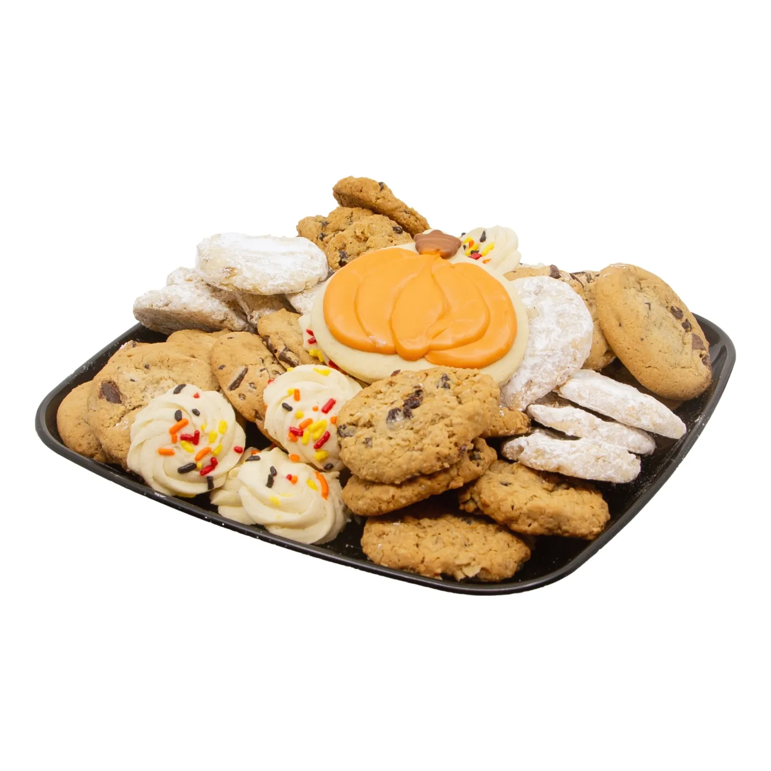 A tray piled with assorted cookies, including pumpkin-shaped iced cookies, sprinkled frosted treats, chocolate chip cookies, and powdered sugar cookies, looks festive and inviting.