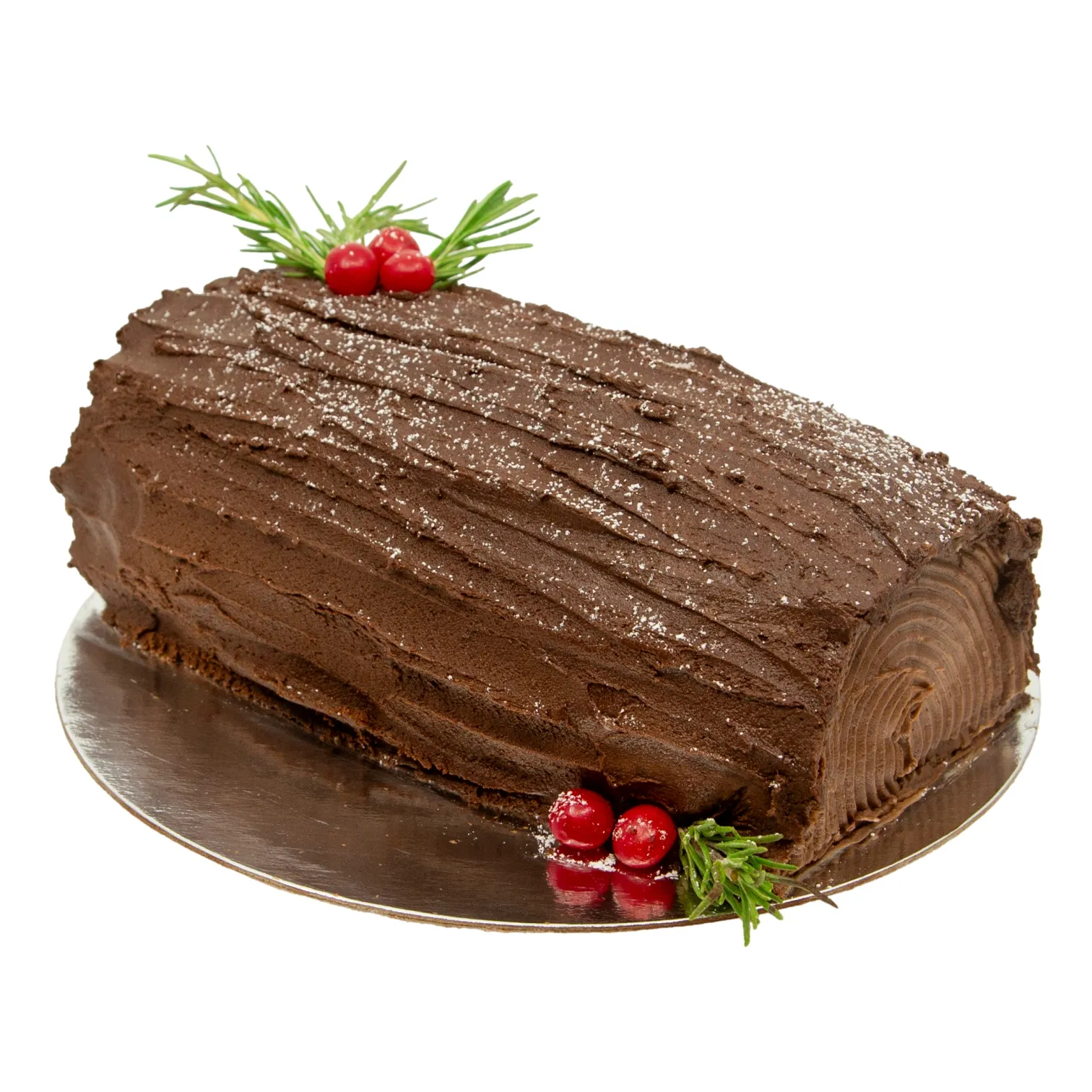 Chocolate yule log cake with ridged frosting, topped with holly leaves and red berries, rests on a platter; a festive, appetizing holiday dessert.