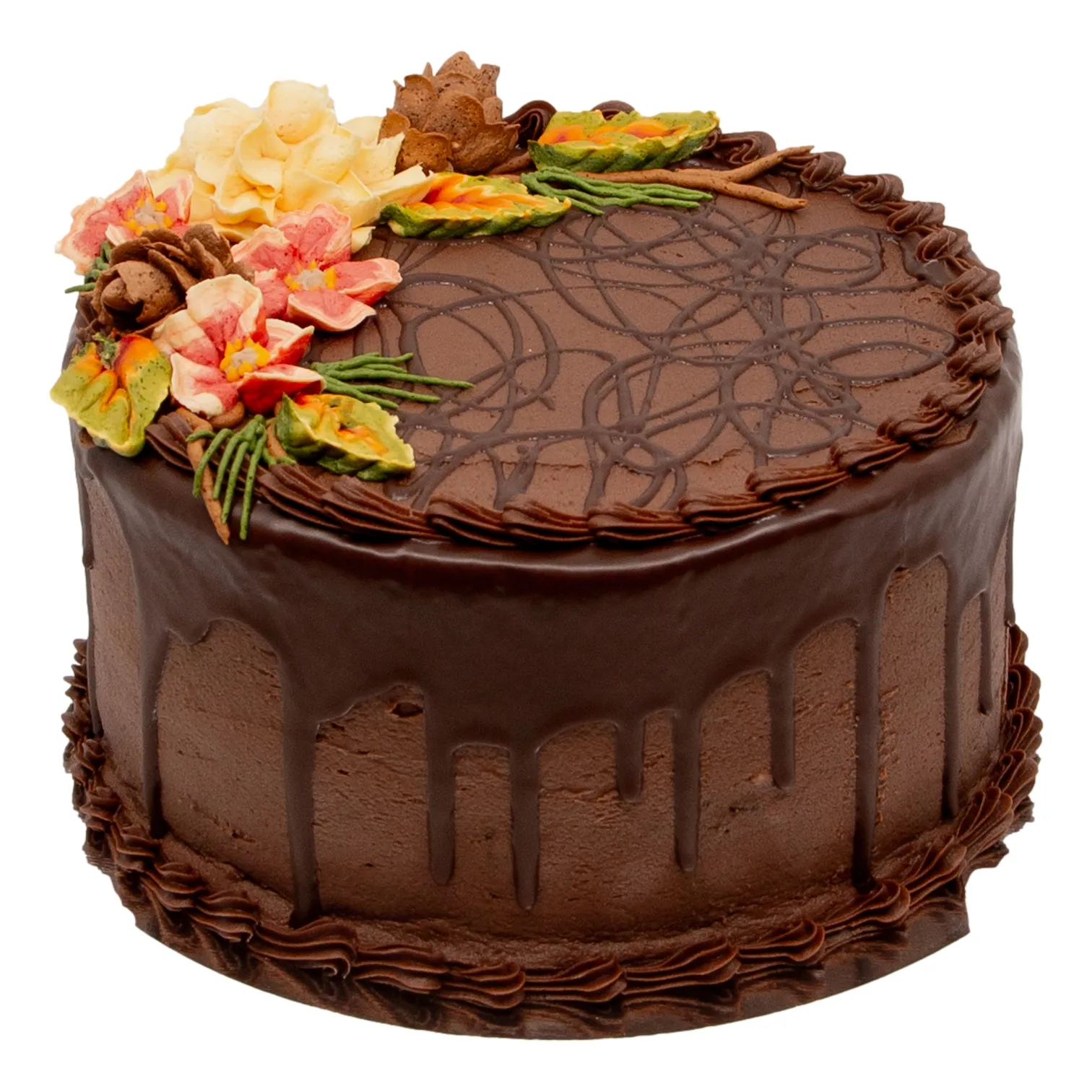 chocolate_lover's_cake_43904 A rich chocolate layer cake with glossy drip icing, piped borders, and delicate chocolate swirls, topped with colorful sugar flowers and leaves for a festive, elegant look.