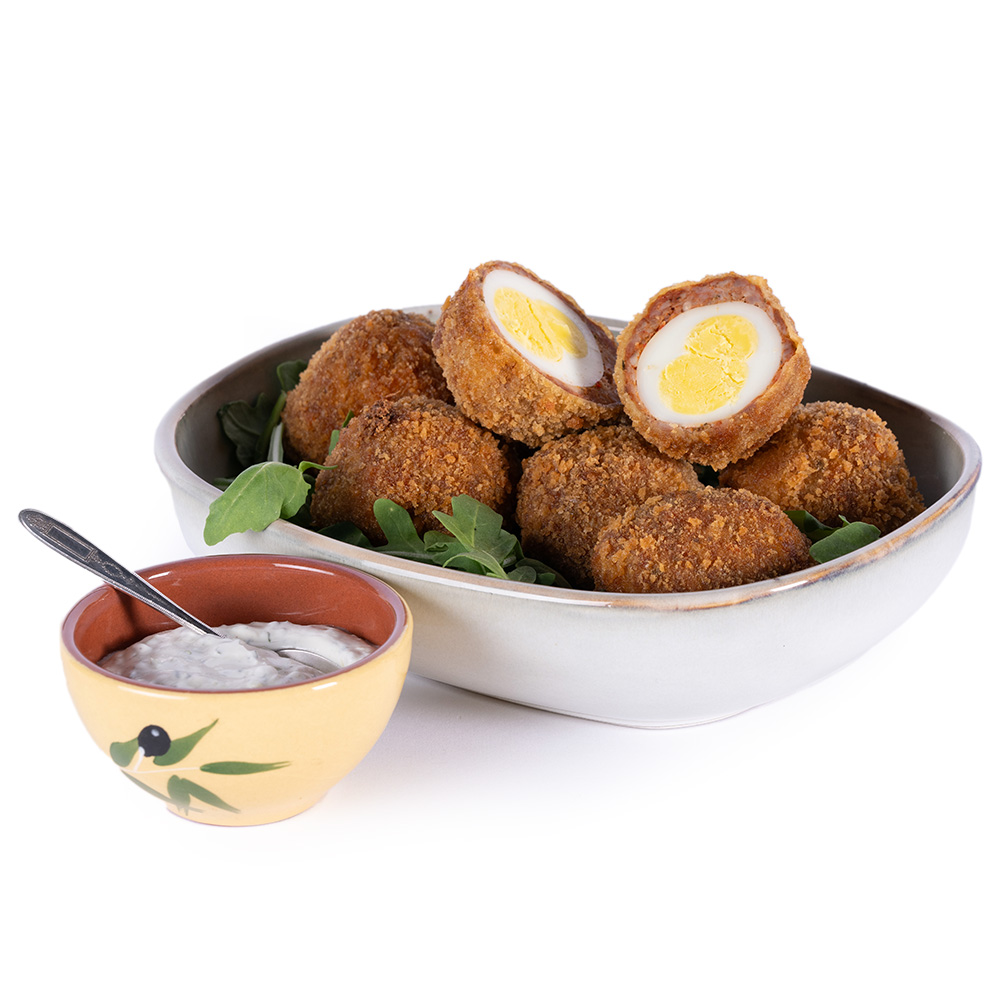 Chorizo Scotch Eggs with Cilantro Citrus Crèma