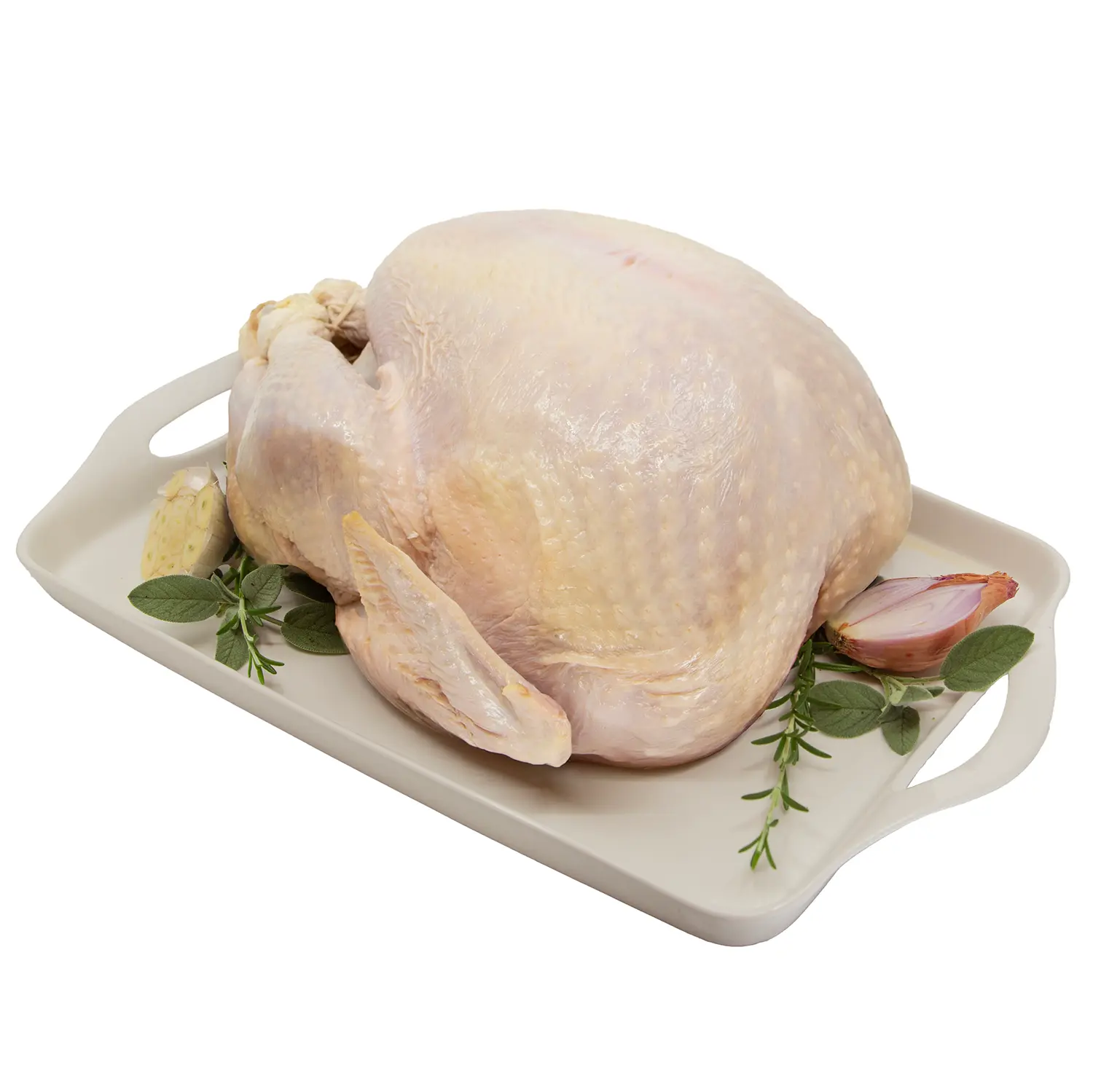 A whole raw turkey rests on a white platter with fresh herbs and a halved shallot.