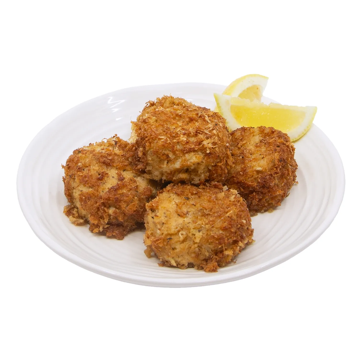 original_crab_cakes_34564 Four golden-brown breaded crab cakes on a white plate, garnished with lemon wedges. The crisp, hearty seafood dish looks warm and appetizing.