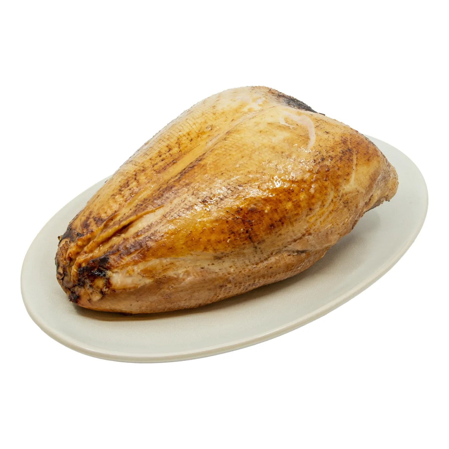 A golden-brown roasted turkey breast rests on a plain white oval plate, suggesting a simple, appetizing meal.