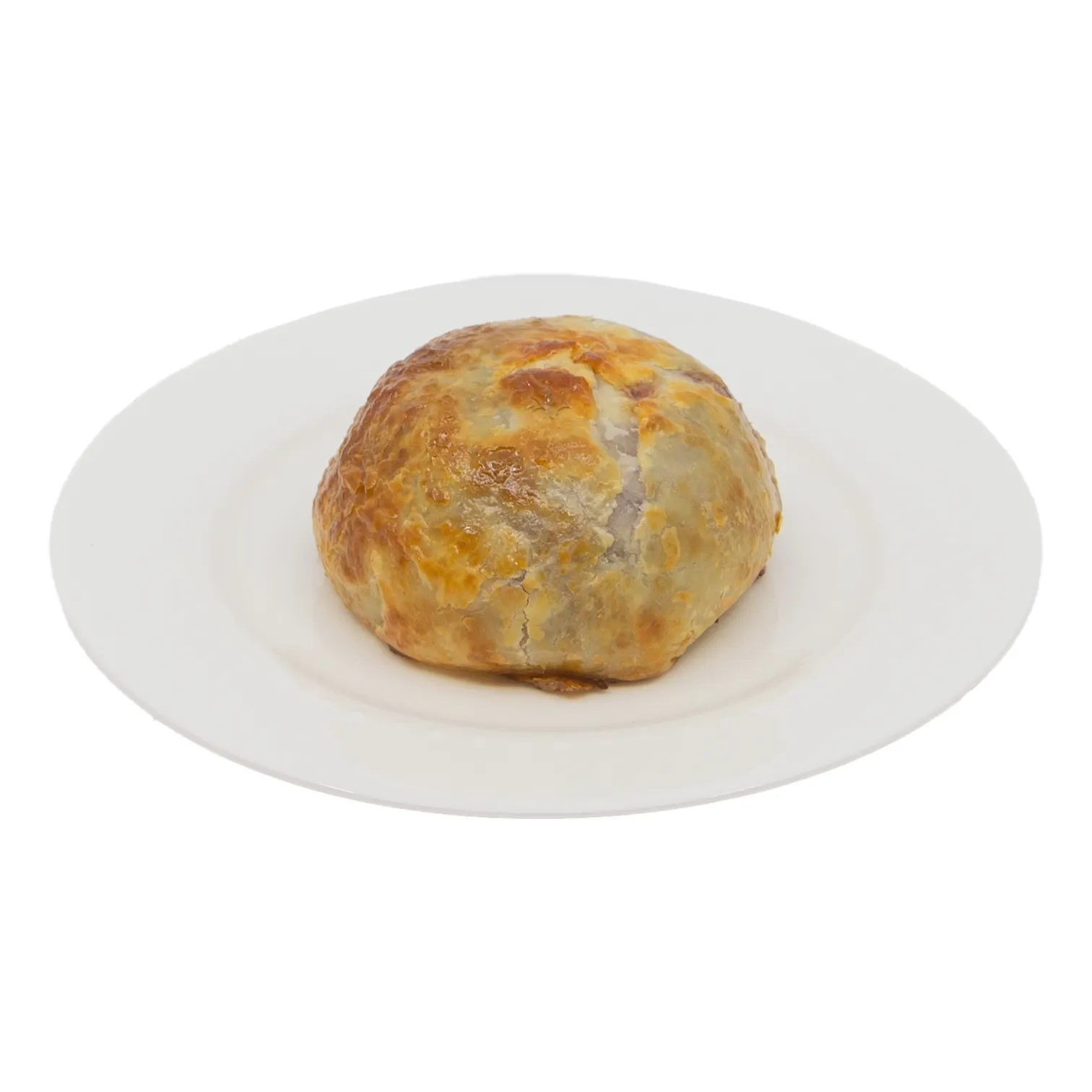 A golden-brown, round baked baked brie with a flaky, cracked crust sits on a white plate, appearing warm and appetizing.