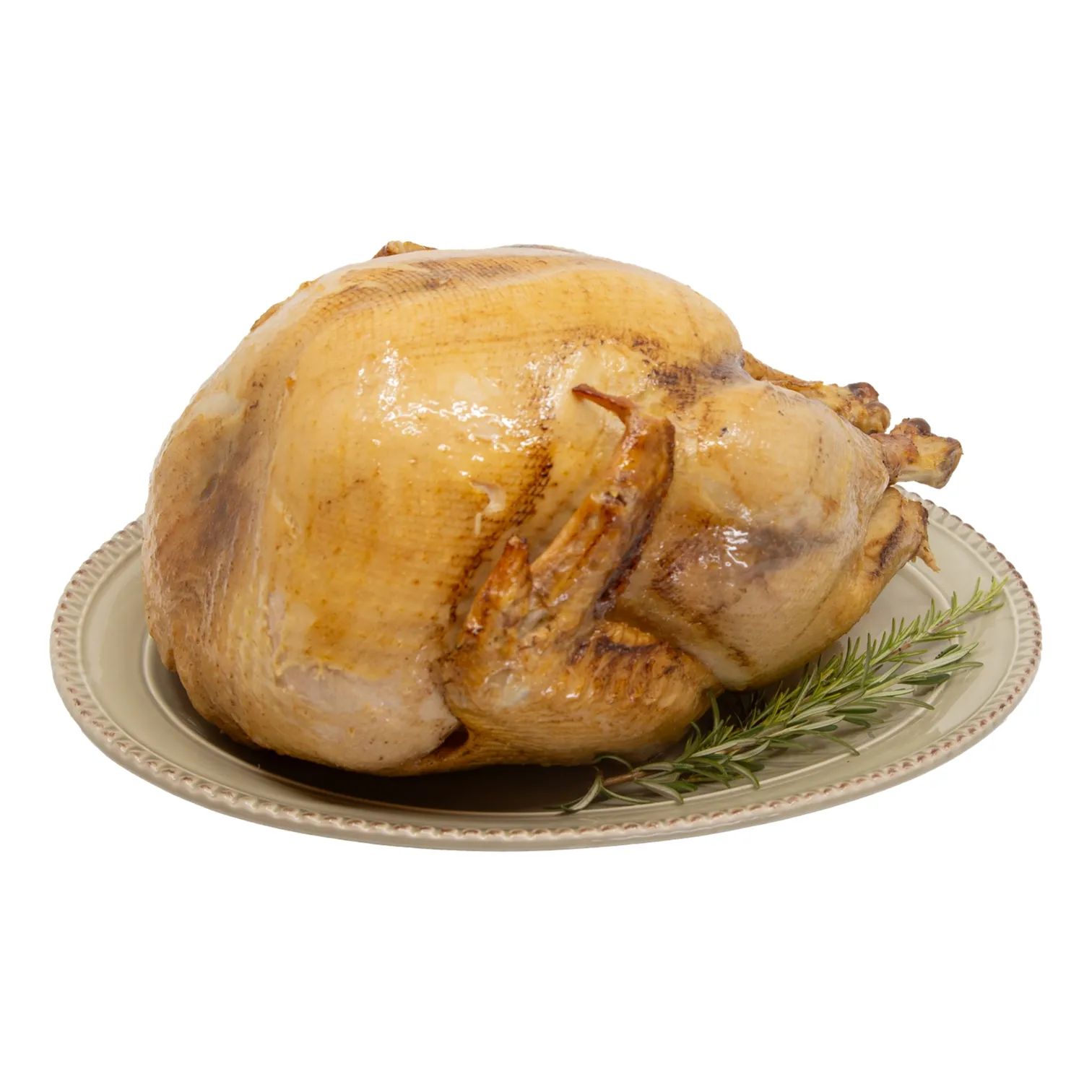 oven_roasted_whole_turkey_10002 Golden-brown roasted turkey rests on a decorative platter with fresh rosemary; a classic, inviting holiday feast.