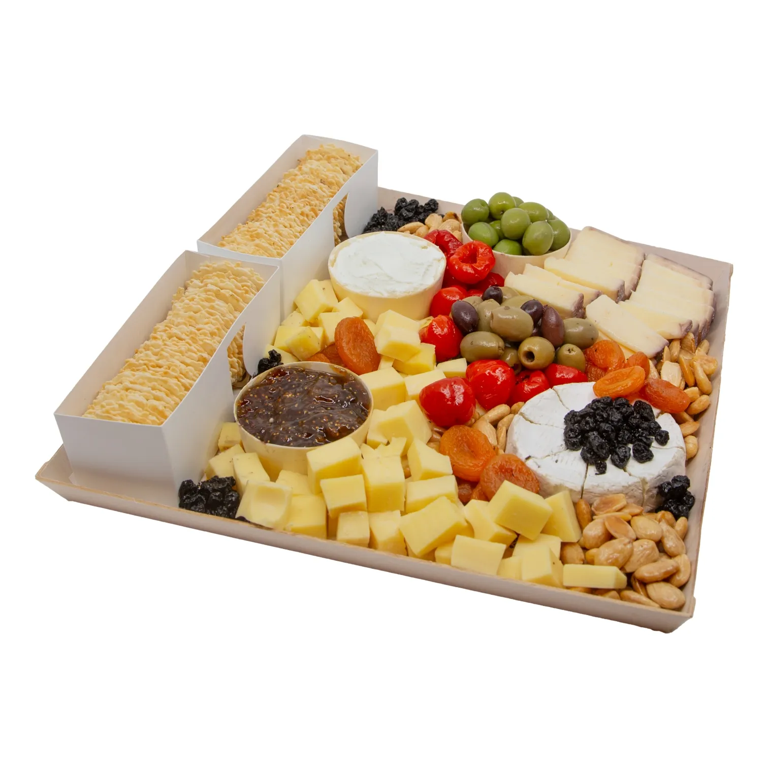A party platter of assorted cheeses, crackers, dips, olives, grapes, dried fruit, and nuts arranged on a tray, creating a generous, inviting spread.