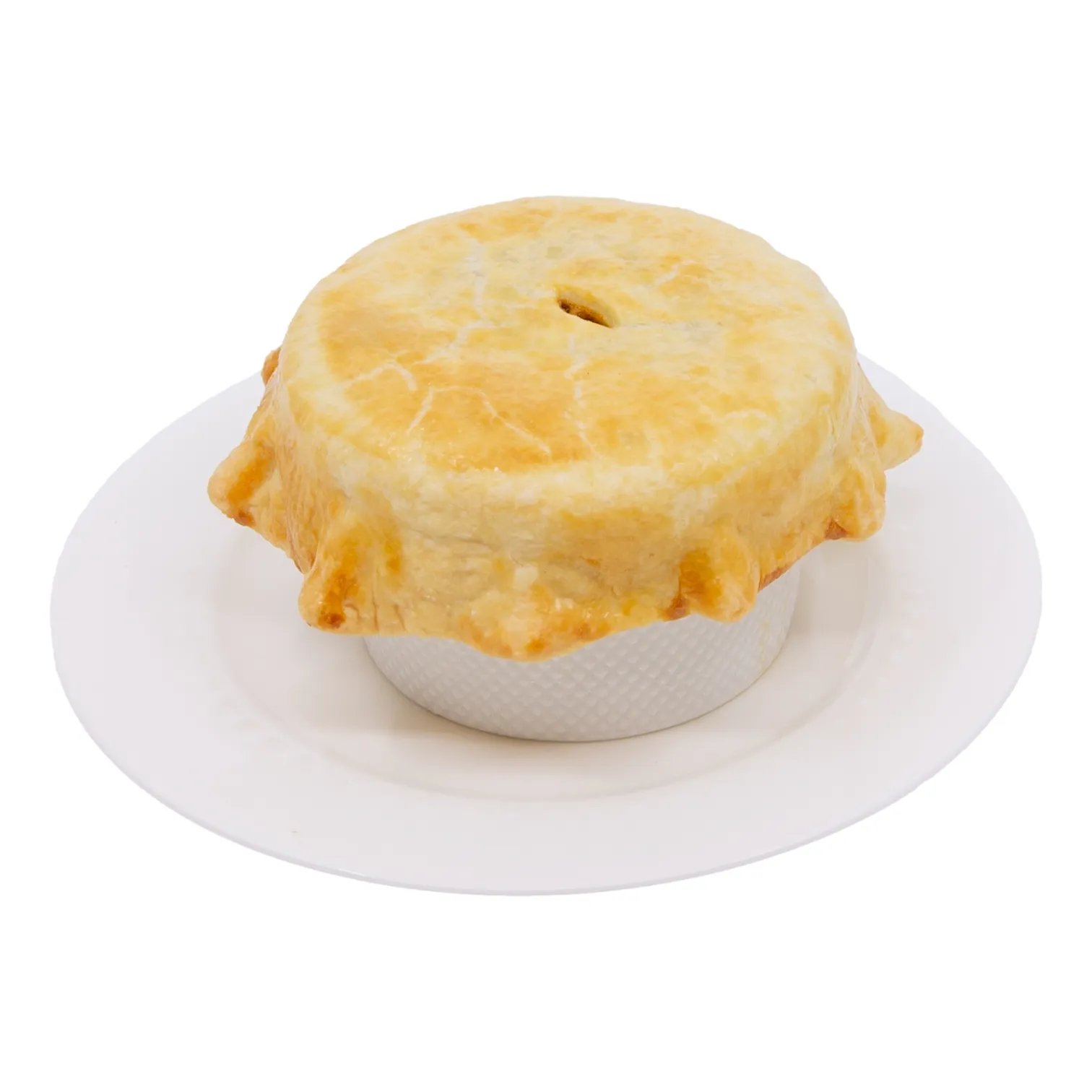 Golden-brown pastry-topped pot pie filled with andouille sausage, Oregon Bay shrimp, and bell peppers for a Cajun twist in a ramekin on a plate; it looks warm and comforting.