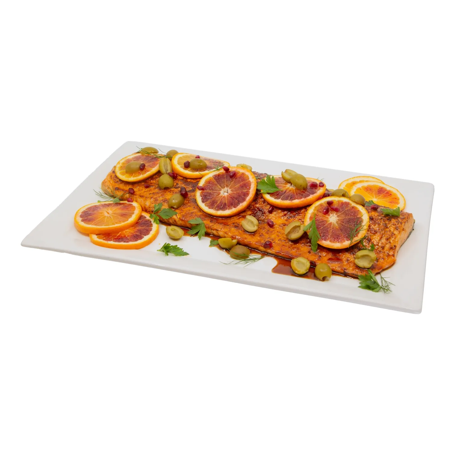 pomegranate_citrus_salmon_10112 A seasoned salmon fillet on a white platter is topped with sliced oranges, green olives, and fresh herbs, creating a colorful, appetizing dish.