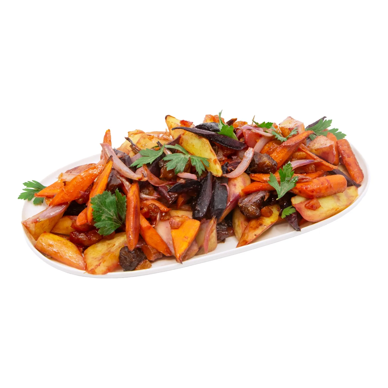 rainbow_carrot_and_sweet_potato_tzimmes_10113 A colorful platter of roasted rainbow carrots and sweet potatoes topped with fresh parsley, arranged on a white plate; hearty and inviting.