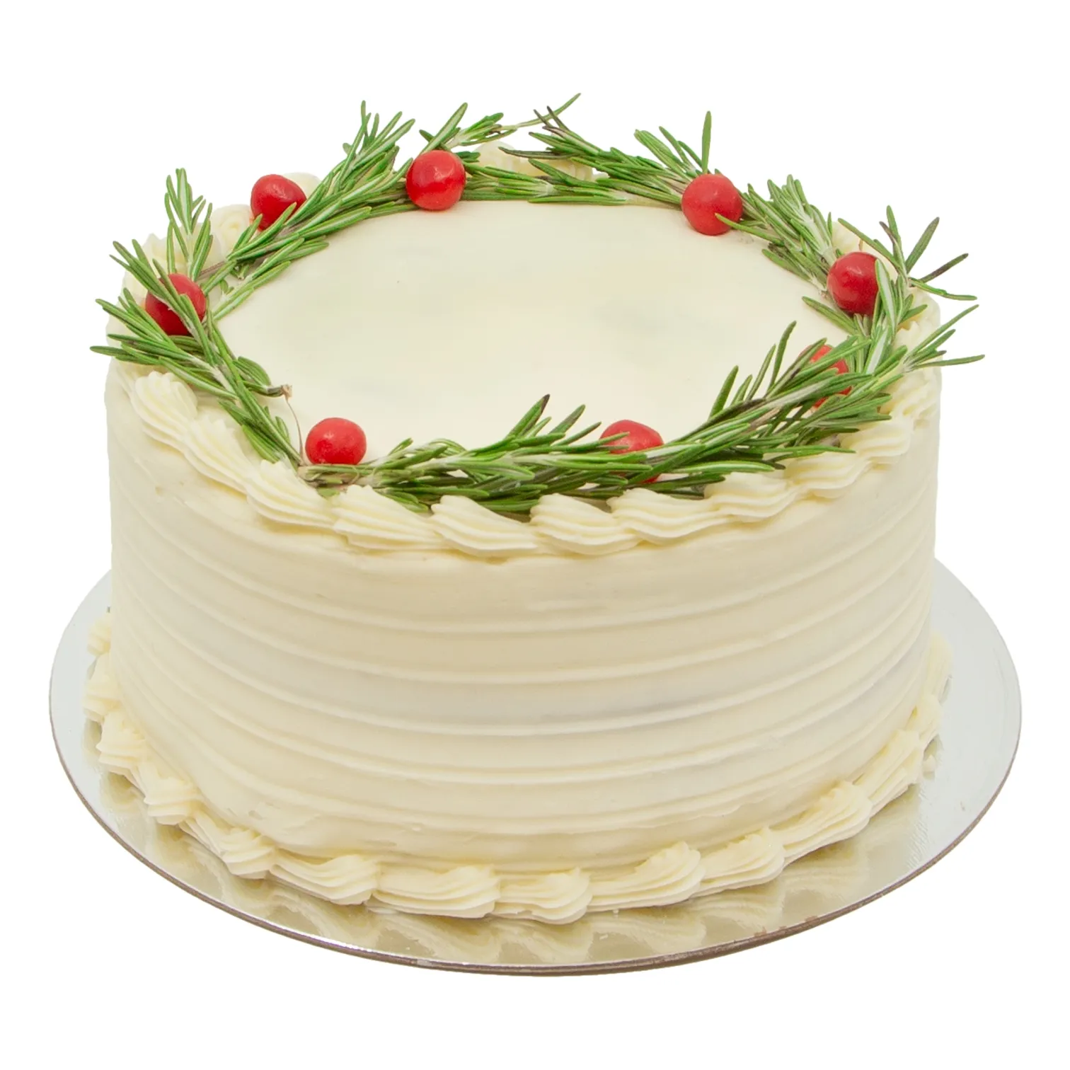 honey_spice_cake_44032 A round white-frosted cake with ridged sides and piped borders, topped with a wreath of rosemary sprigs and red berries; elegant, festive presentation.