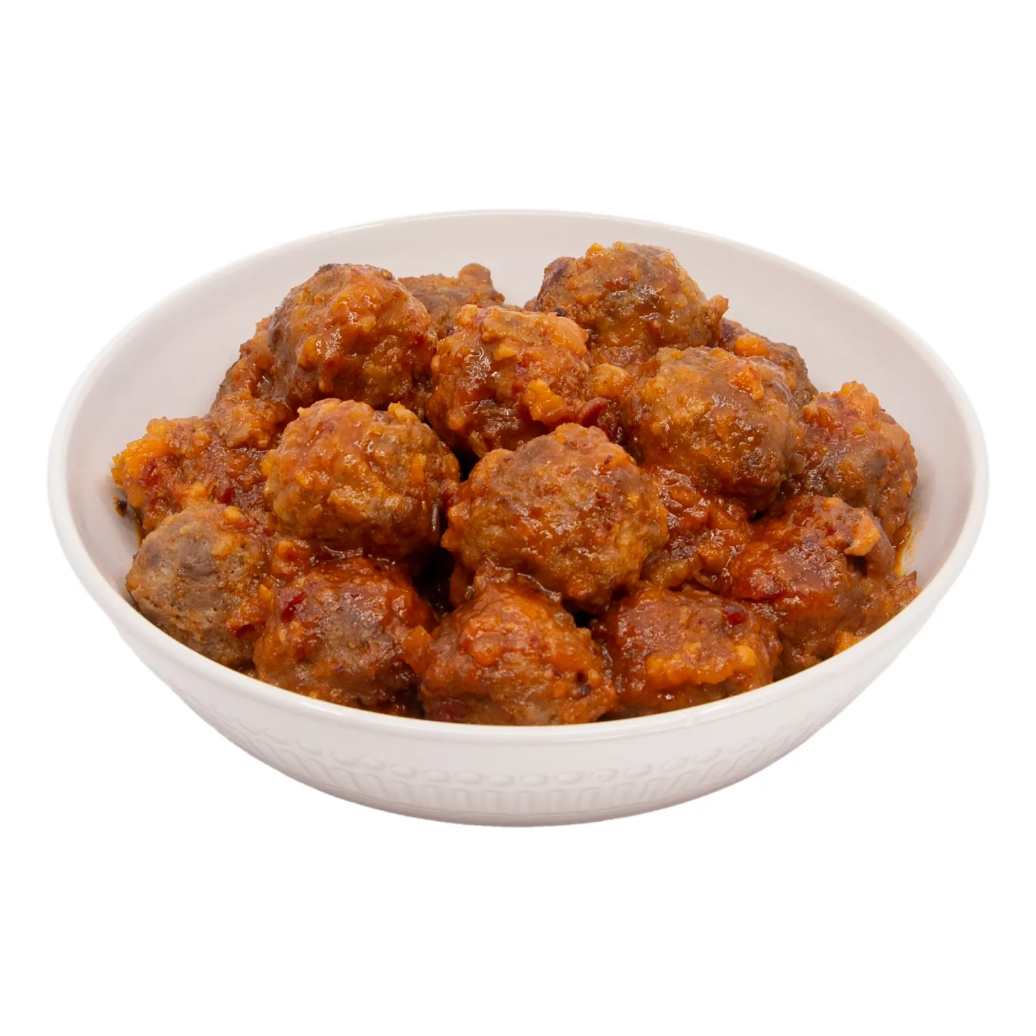 A white ceramic bowl holds meatballs coated in an apricot chipotle sauce, piled generously against a plain white background; the dish looks hearty and comforting.