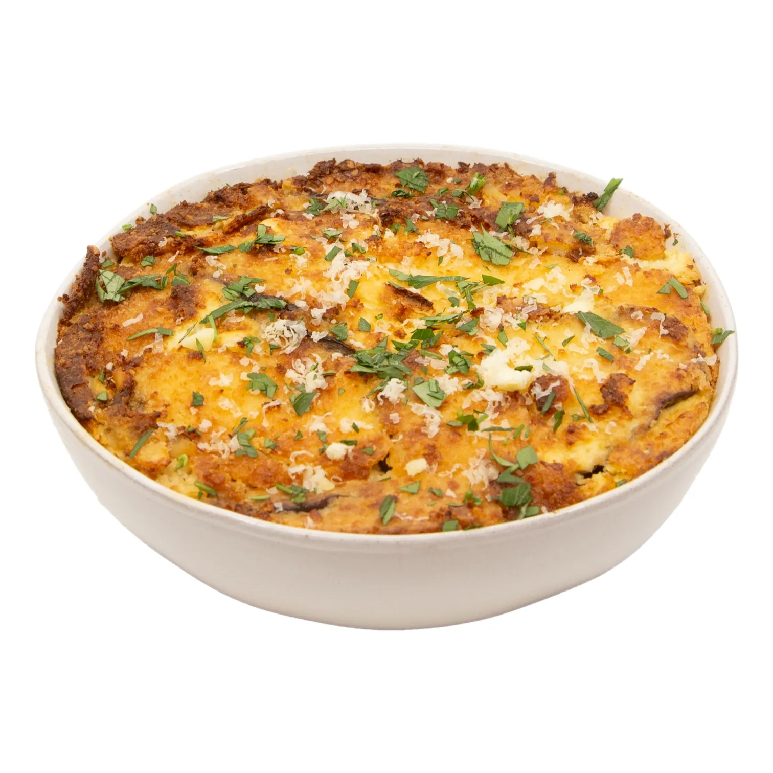 A white bowl of golden baked beef and lamb moussaka topped with melted cheese, browned edges, and fresh herbs, presented against a plain background; warm and hearty.