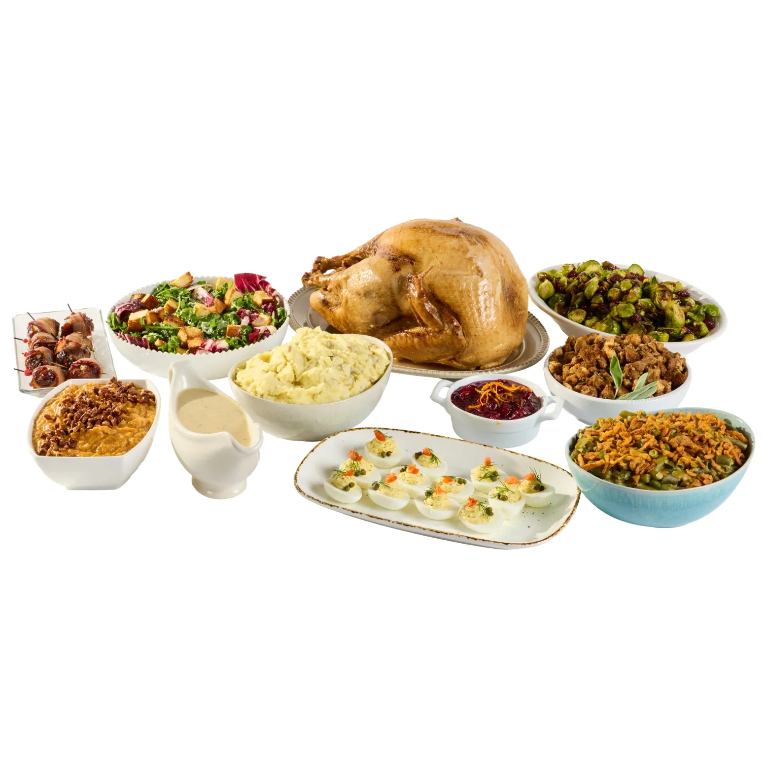 A festive feast featuring a golden roasted turkey surrounded by colorful salads, vegetables, mashed potatoes, sauces, and side dishes.
