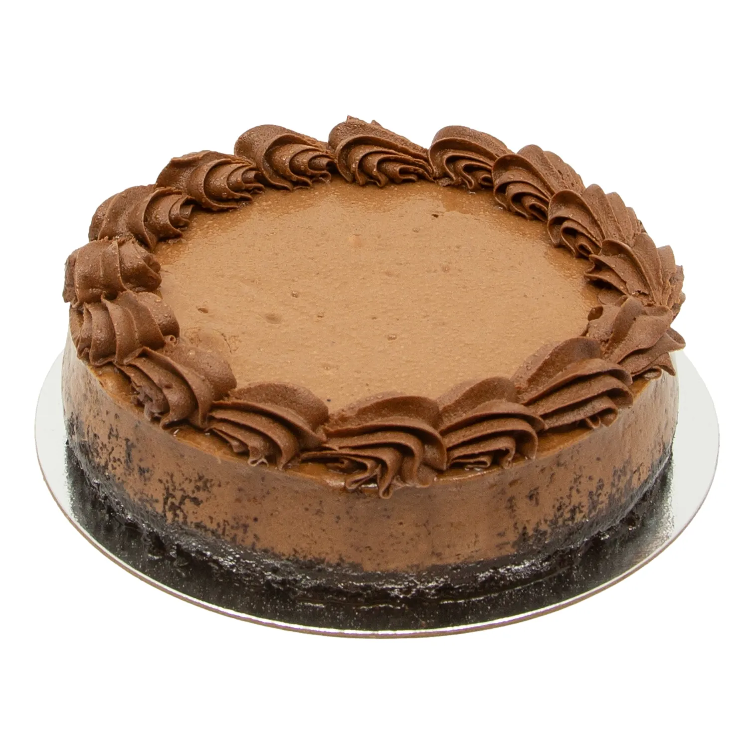 A round chocolate cheesecake on a silver platter, topped with a smooth cocoa center and a border of piped chocolate rosettes; rich and celebratory.