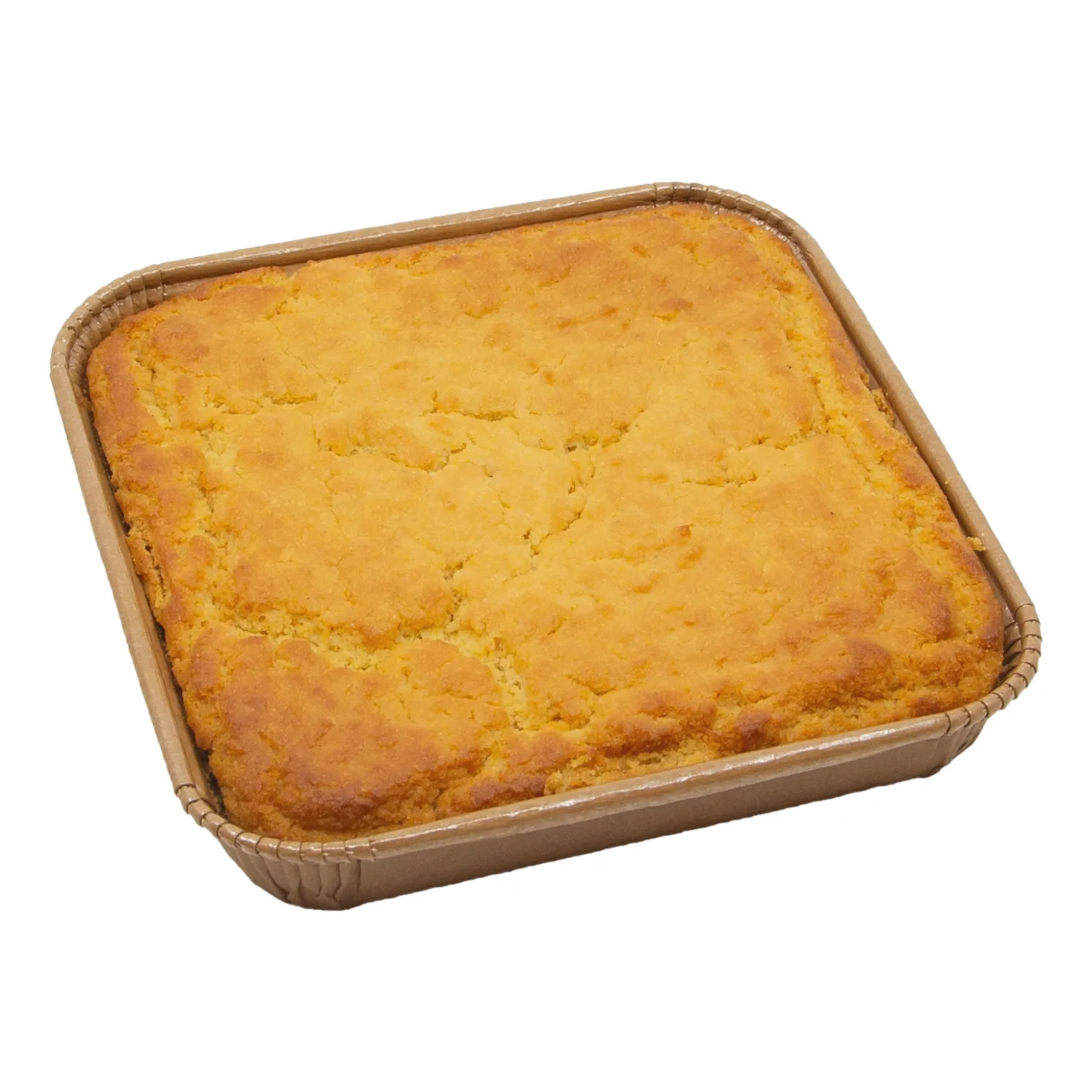 A golden, freshly baked cornbread, its top lightly cracked and browned at the edges; the simple scene feels warm and comforting.