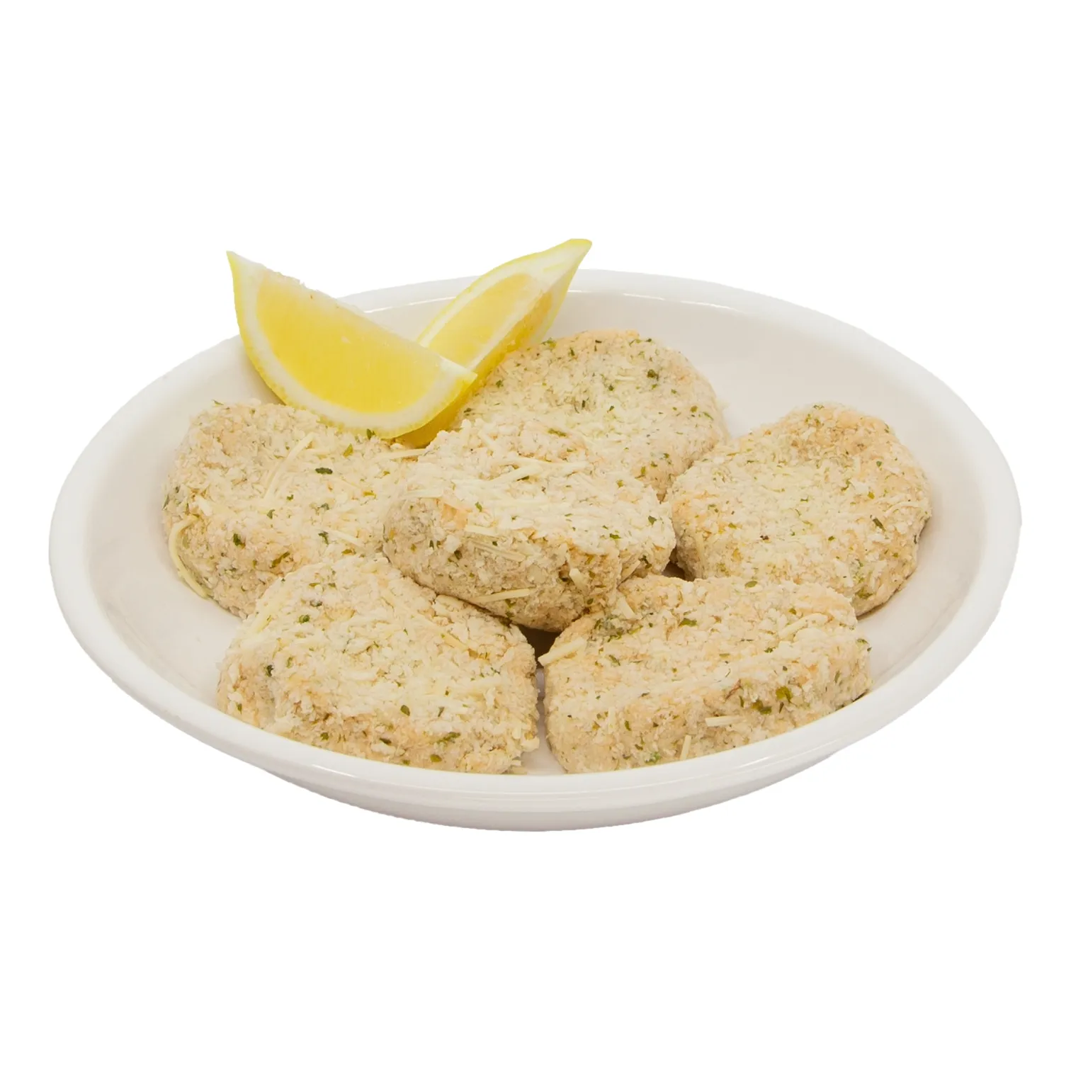 A white plate holds several crab and shrimp croquettes with two bright lemon wedges.