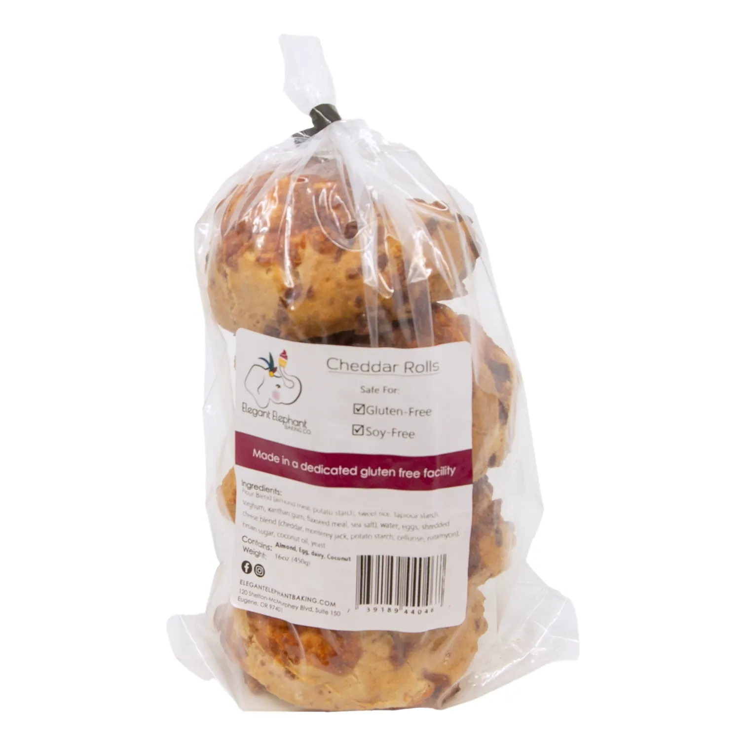 A clear bag of Elegant Elephant golden, cheese-flecked cheddar rolls with a gluten-free and soy-free label,.