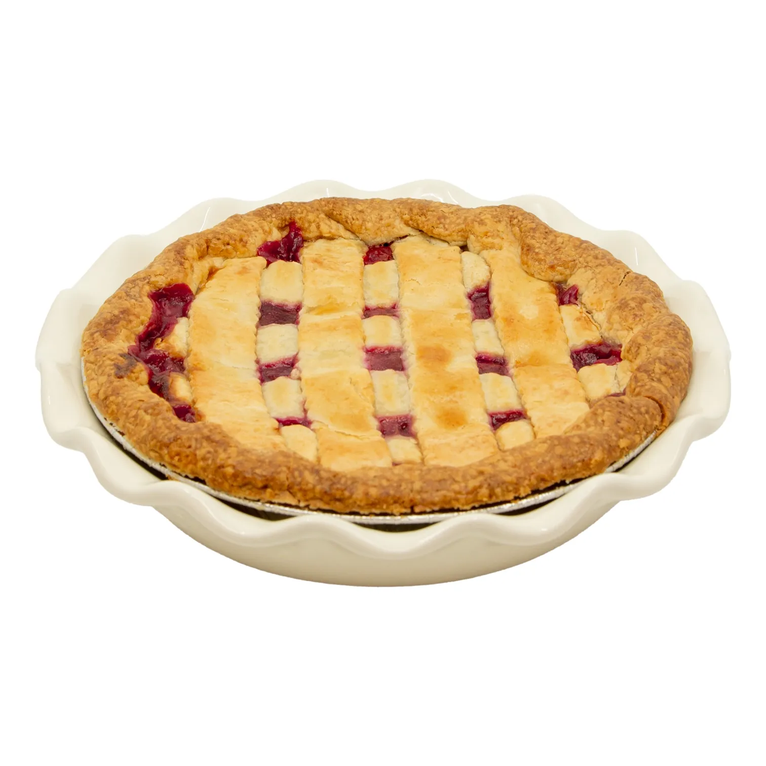 Golden lattice-top cherry pie with a thick, crimped crust sits in a white fluted dish, giving a warm, homemade feel.