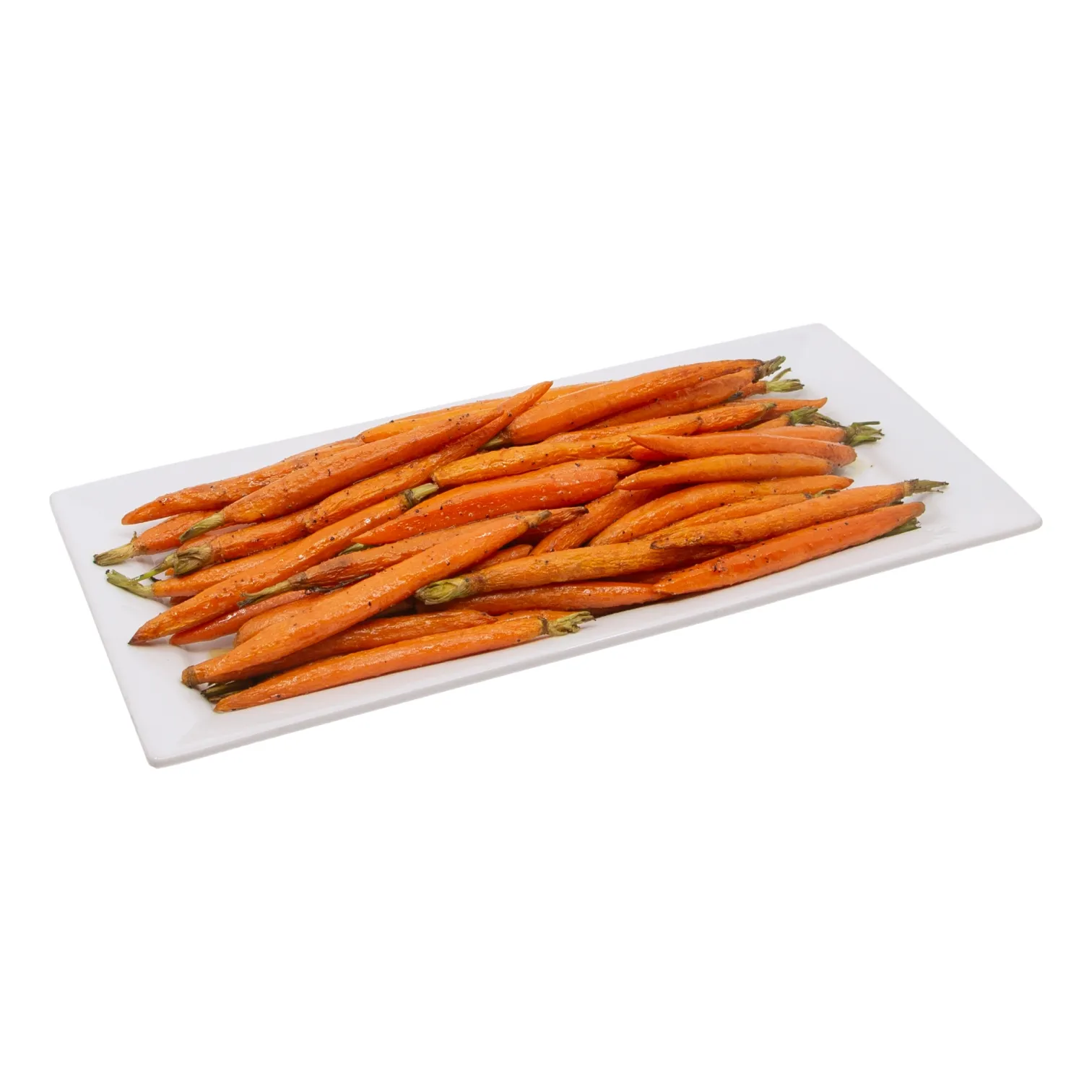 A platter of fresh maple roasted carrots with green tops lies neatly stacked on a white rectangular plate, suggesting simple, wholesome freshness.