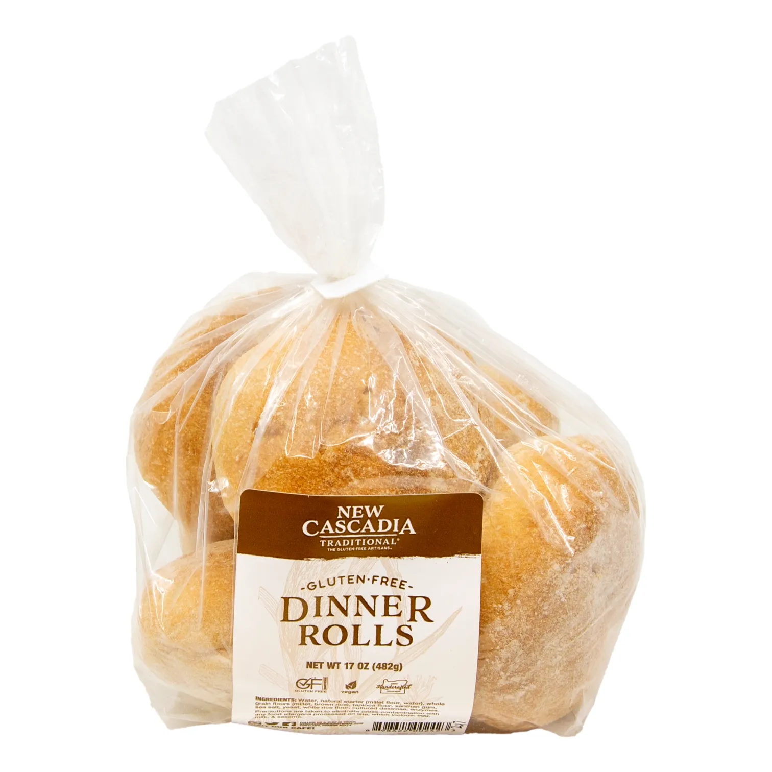 A bag of golden New Cascadia Traditional gluten-free dinner rolls.
