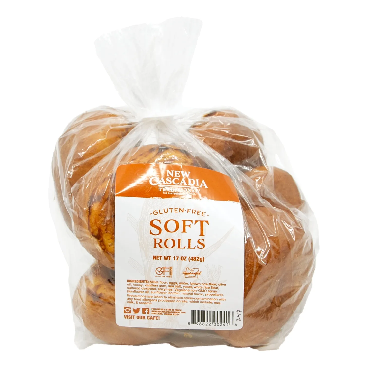 A bag of New Cascadia gluten-free soft rolls.
