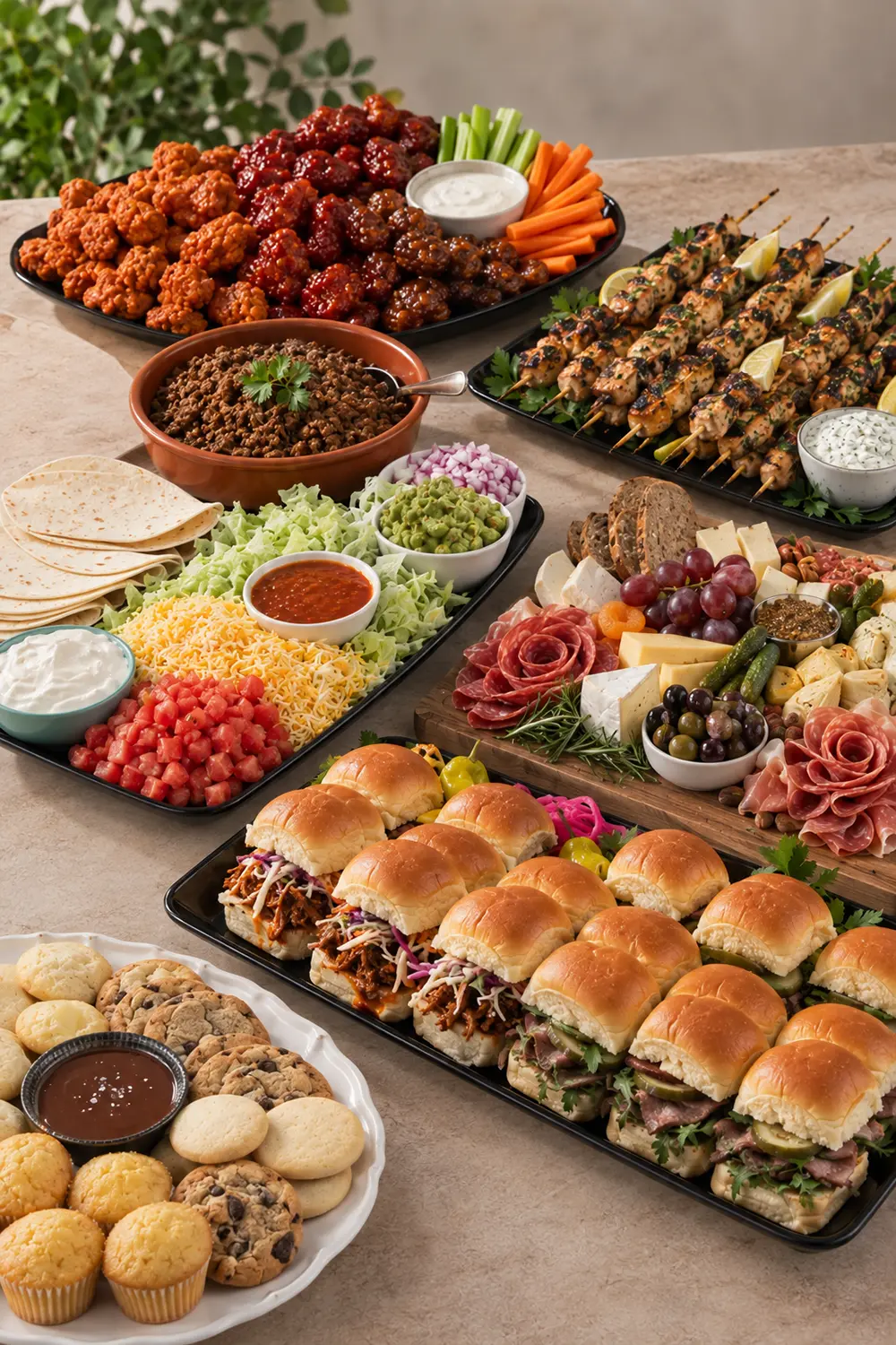 Colorful, abundant catered buffet with wings, skewers, sliders, dips, salads, fruit, cheese, pastries, cookies, and desserts on a table.