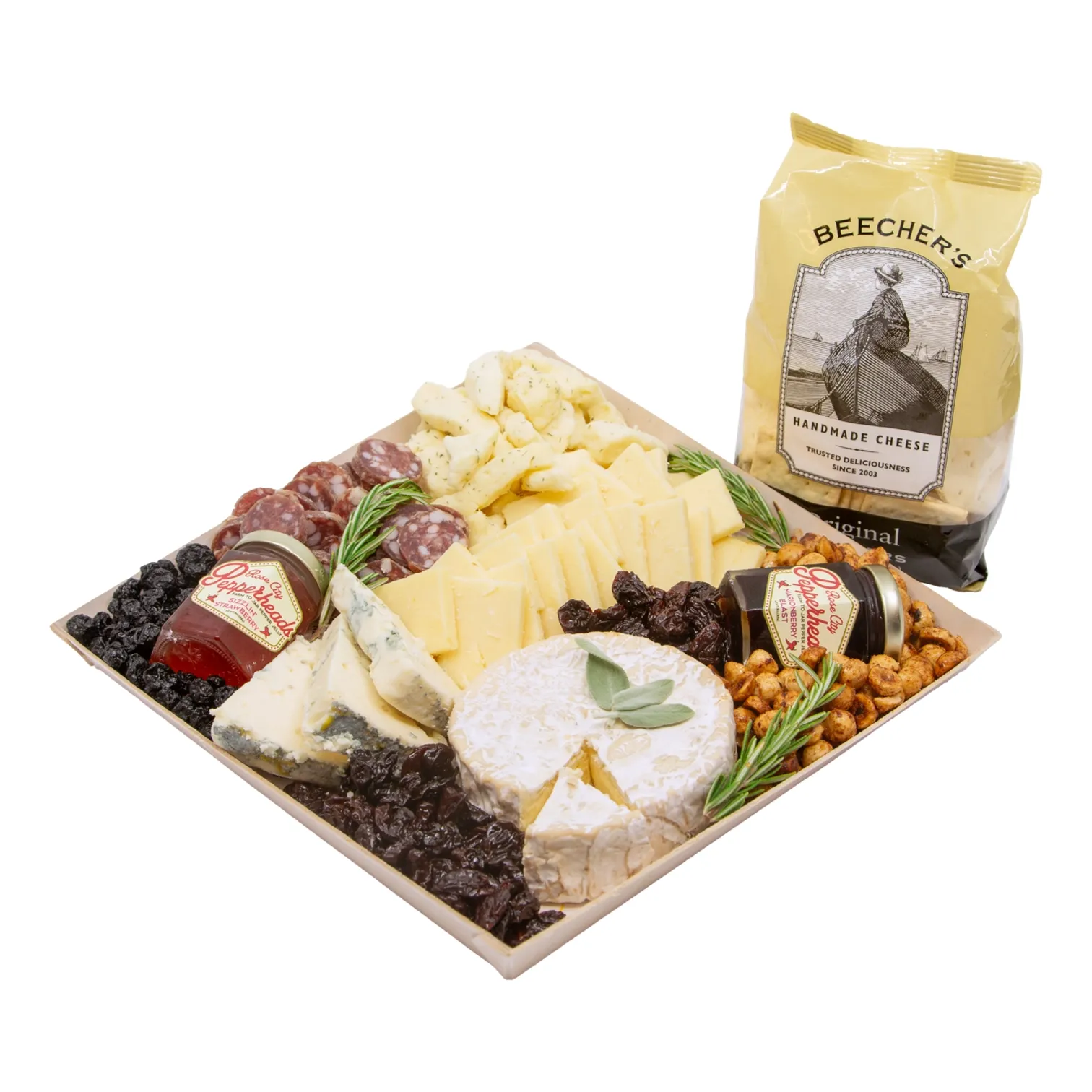 A gourmet cheese platter with assorted cheeses, salami, nuts, dried fruit, and herbs, alongside a Beecher’s cracker package; inviting and festive.