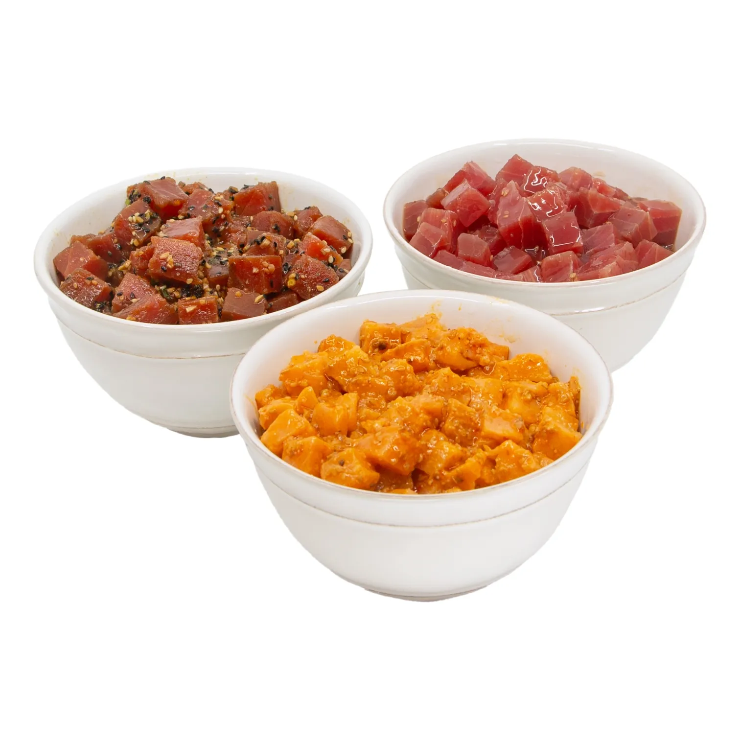 Three white bowls of Shoyu Poke, Furikake Poke, and Sriracha Salmon Poke.