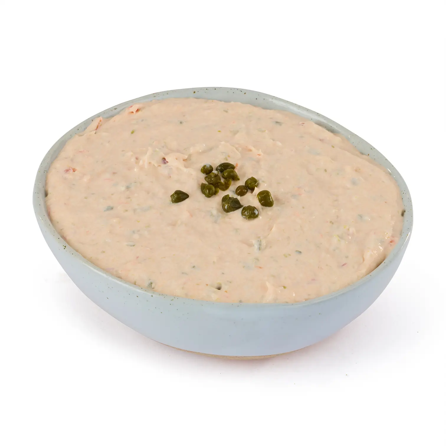 A smoked steelhead pate flecked with herbs fills a light blue bowl, topped with green capers.