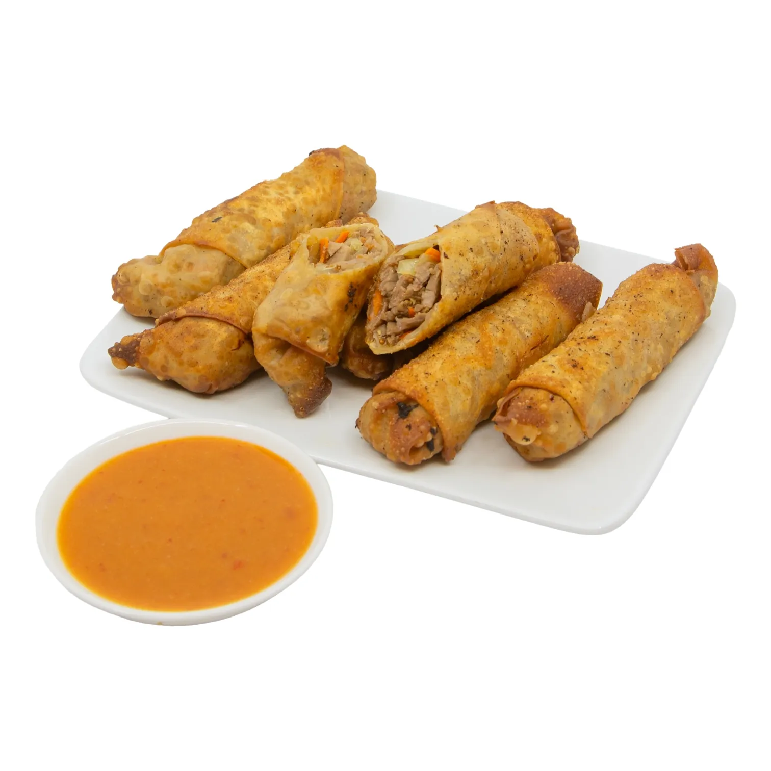 Golden-brown fried egg rolls, one cut open to reveal a savory filling of sesame soy sliced tri tip and vegetables, served on a white plate with sweet hot mustard dipping sauce; appetizing and inviting.