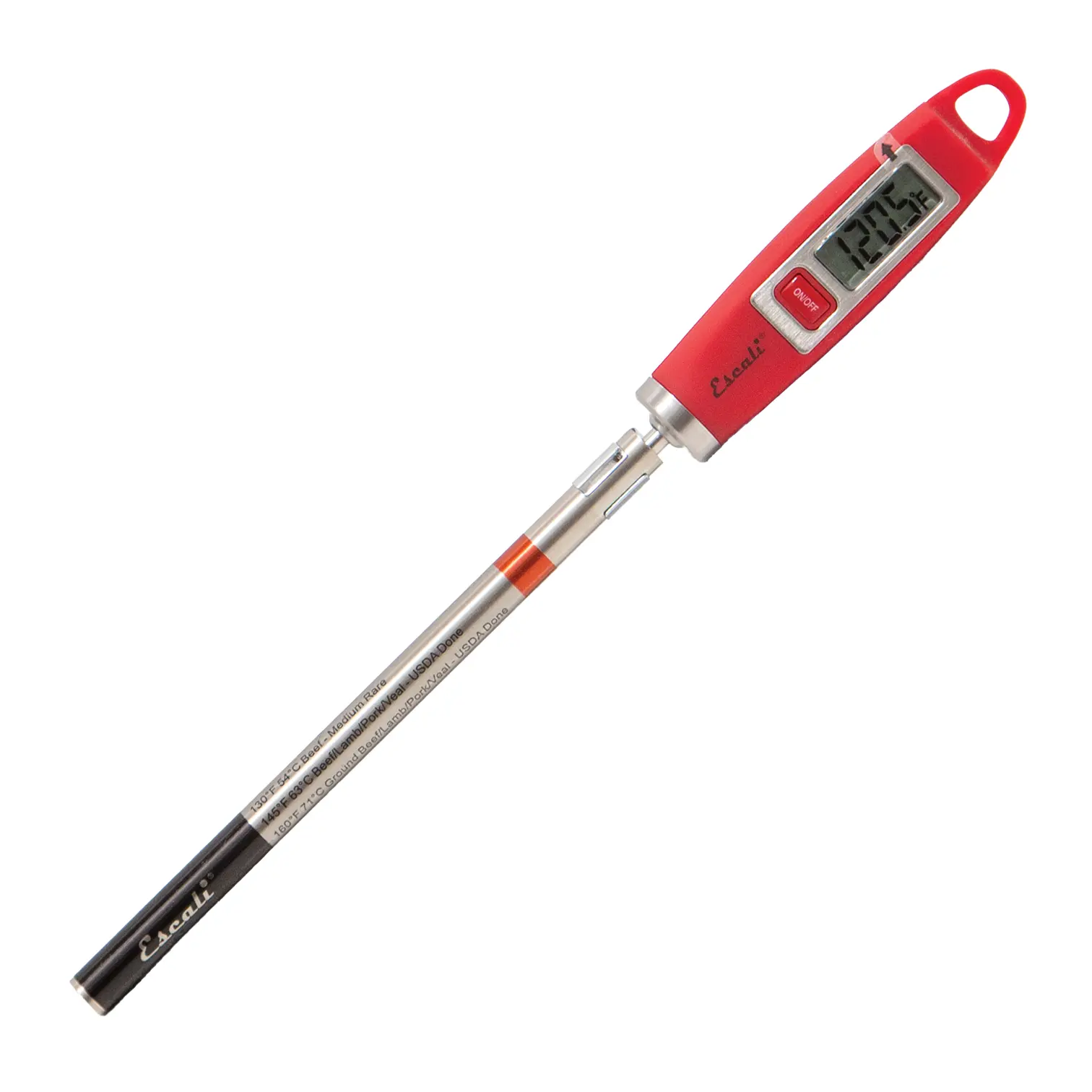A red digital meat thermometer with a slim metal probe and small display.
