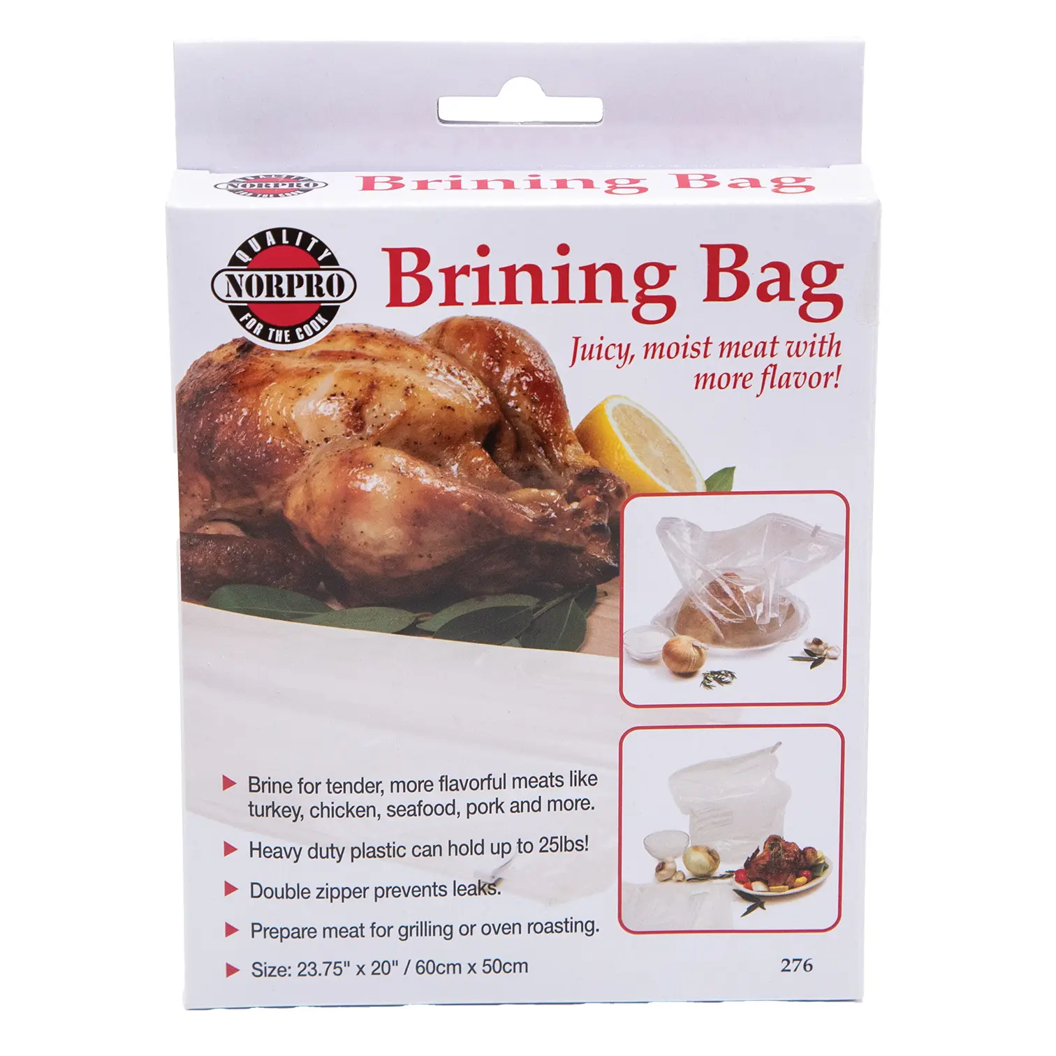 Packaging for a Norpro brining bag shows a roasted turkey, lemon, and smaller preparation photos, with features listed below.