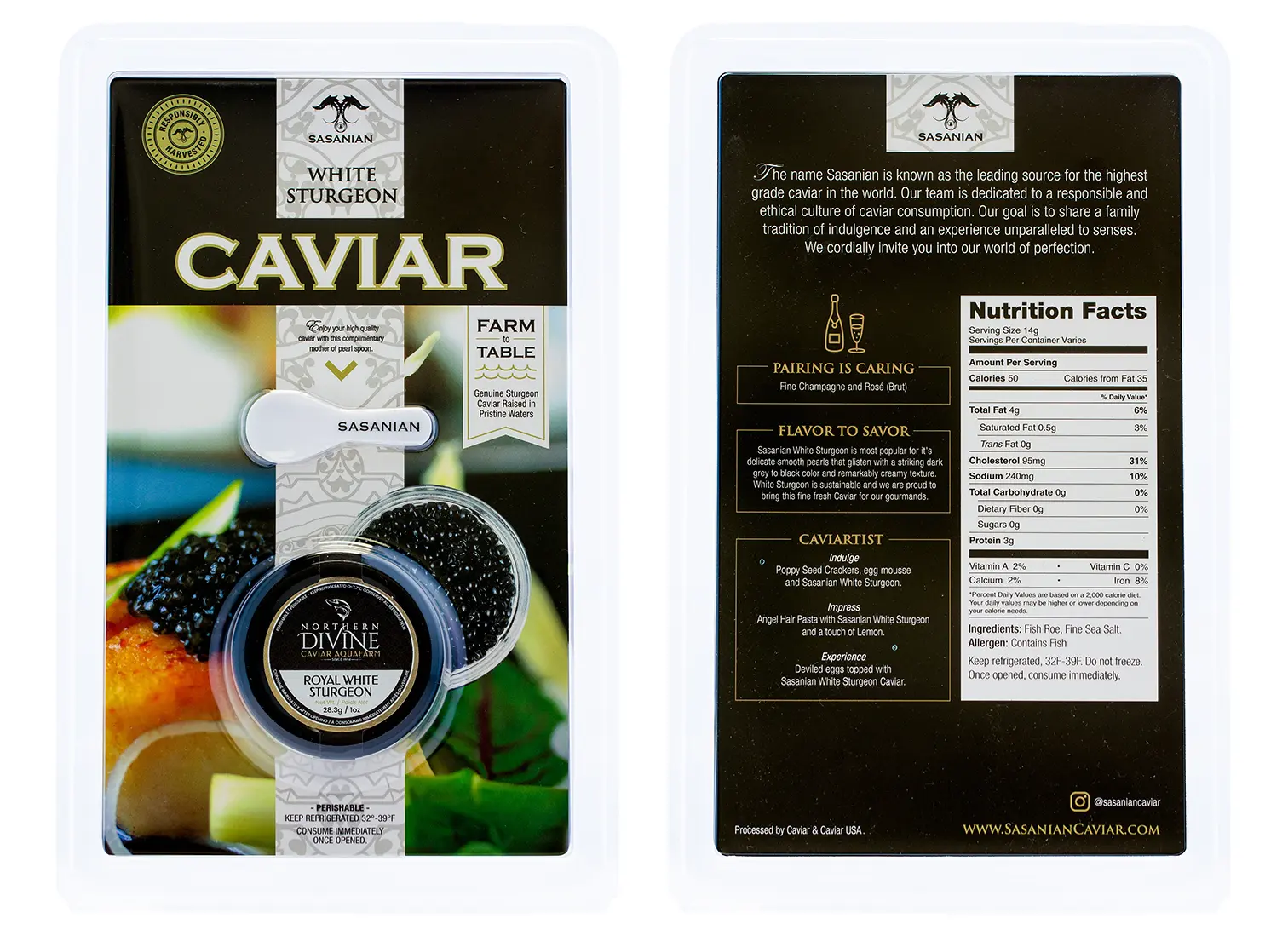 Front and back of a premium White Sturgeon caviar package, showing a small jar and serving photo, with sourcing details and nutrition facts.