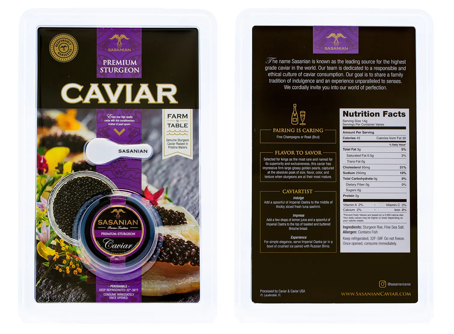 Two views of premium Sasanian sturgeon caviar packaging: the front shows a black-and-purple label, clear caviar tub, and serving suggestions; the back displays product details and nutrition facts.