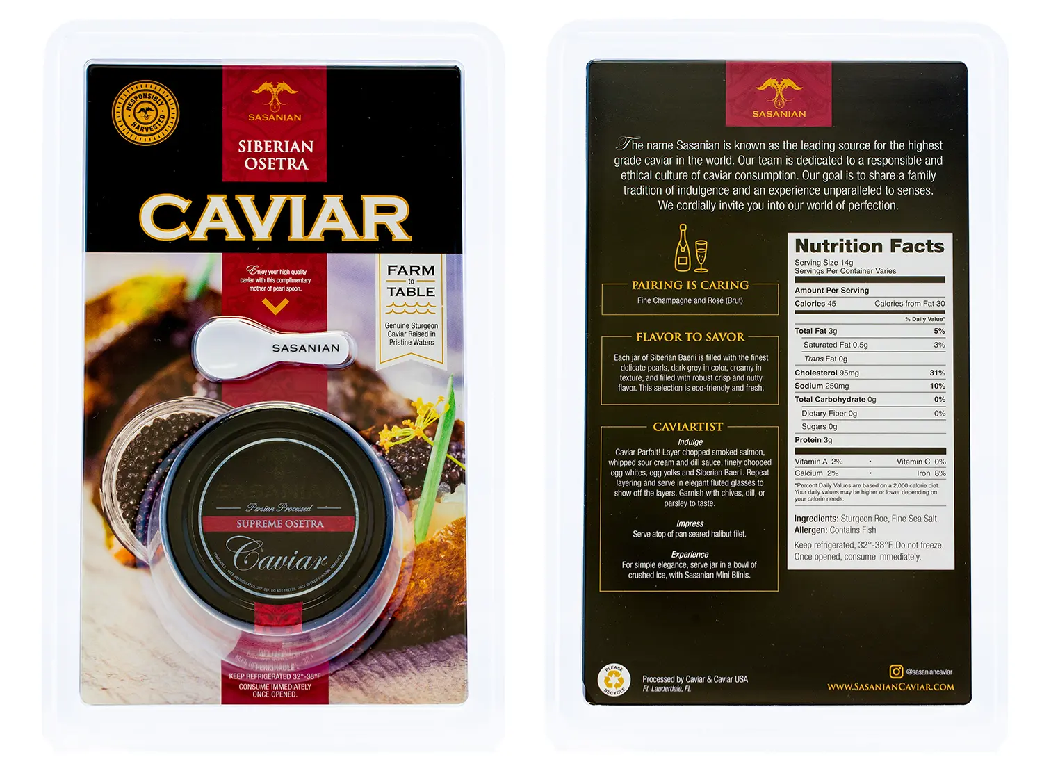 Front and back of Siberian Ossetra caviar packaging, with a black-and-gold label, caviar tin, serving image, and nutrition facts.