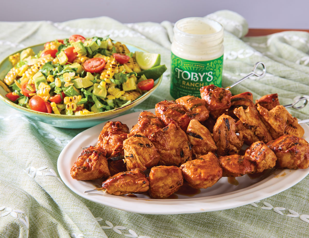BBQ Chicken Skewers with Grilled Avocado & Corn Salad