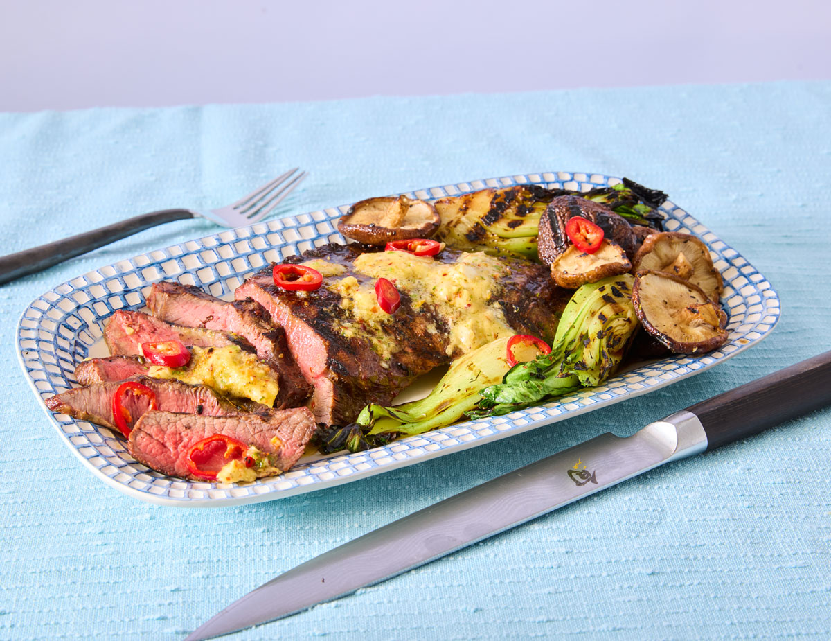 Grilled Mediterranean Flat Iron Salad with Calabrian Chili Crisp