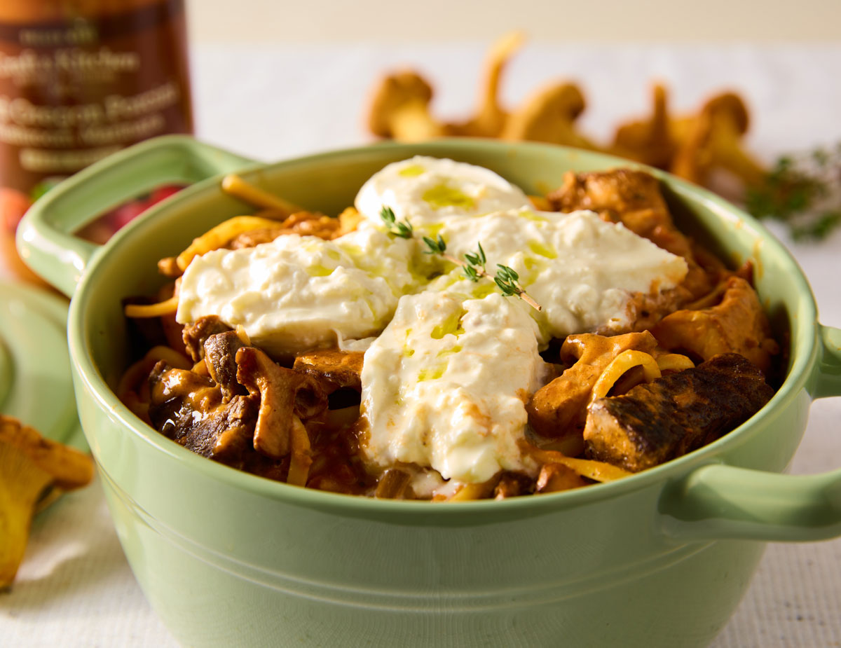 Creamy Wild Mushroom, Beef and Burrata Pasta