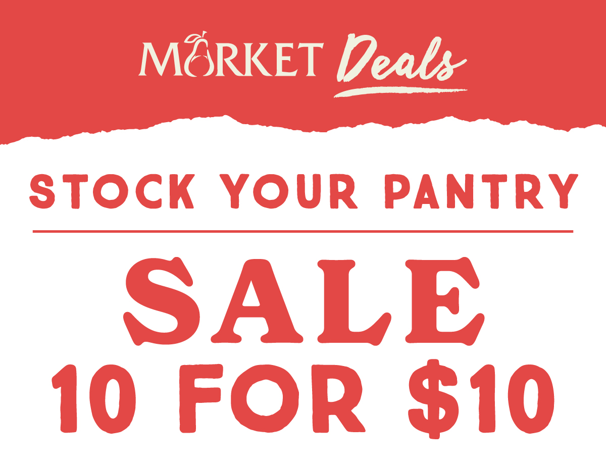 Stock your pantry sale! 10 for $10 – November 6 - 9, 2025 – Select varieties: Anna's Pasta, Brown Cow Cream on Top Yogurt, Bumble Bee Tuna, Craft & Kitchen Mac & Cheese, Essential Everyday Canned Vegetables, Essential Everyday Tomatoes and Tomato Sauce, Rosarita Refried Beans, Sapporo Ramen, Wild Harvest Broth, Wild Harvest Canned Beans