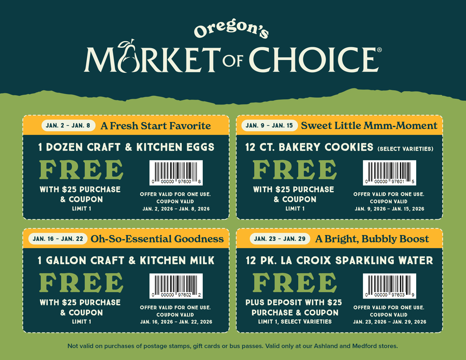 Free items with $25 purchase: Jan 2 - 8: One Dozen Craft & Kitchen Eggs. Jan 9 - 15: 12 ct. bakery cookies. Jan 16 - 22: 1 gallon craft & kitchen milk. Jan 23 - 29: 12 pk la croix sparkling water