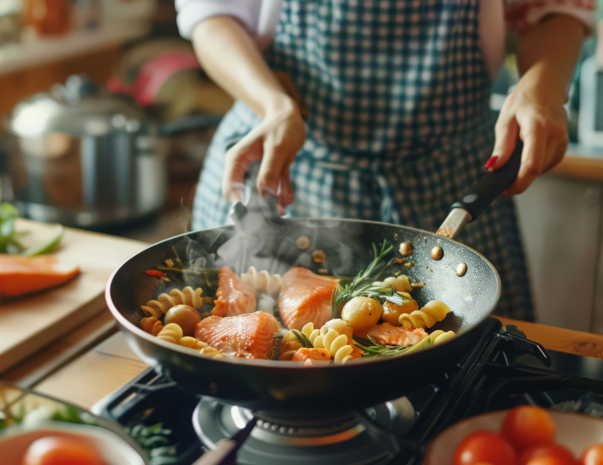 Gluten-free salmon and spiral pasta cooking with herbs in a skillet on a home stovetop.