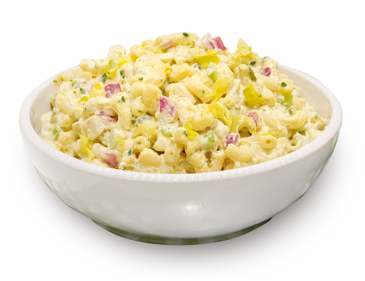 Creamy macaroni salad with celery, red onion and herbs in a white bowl. Creamy macaroni salad with celery, red onion and herbs in a white bowl.